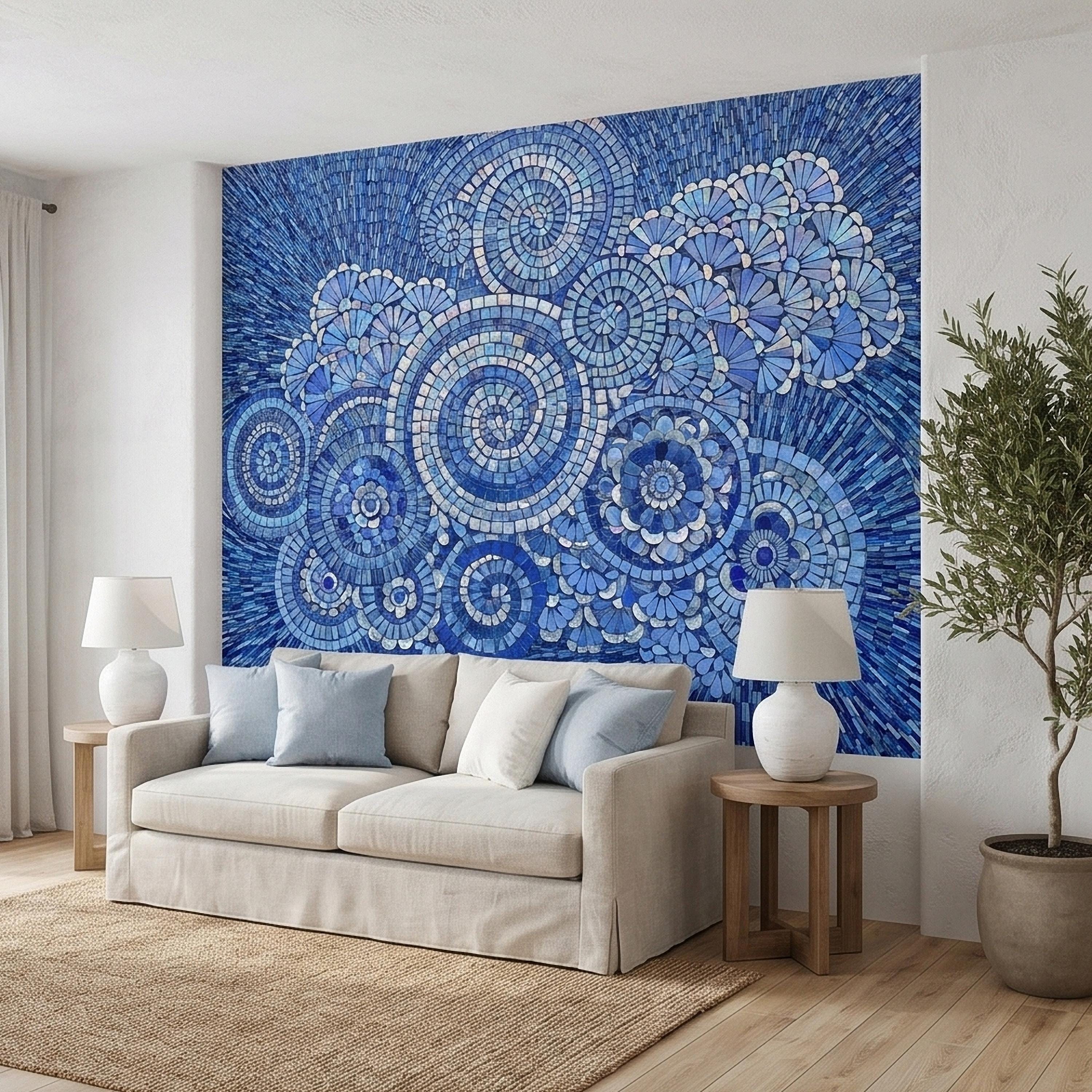 Blue and White Mosaic Floral Spiral Peel and Stick Wall Mural, Iridescent Tile Mandala Circles, Abstract Art Glass Ocean Pattern Wallpaper