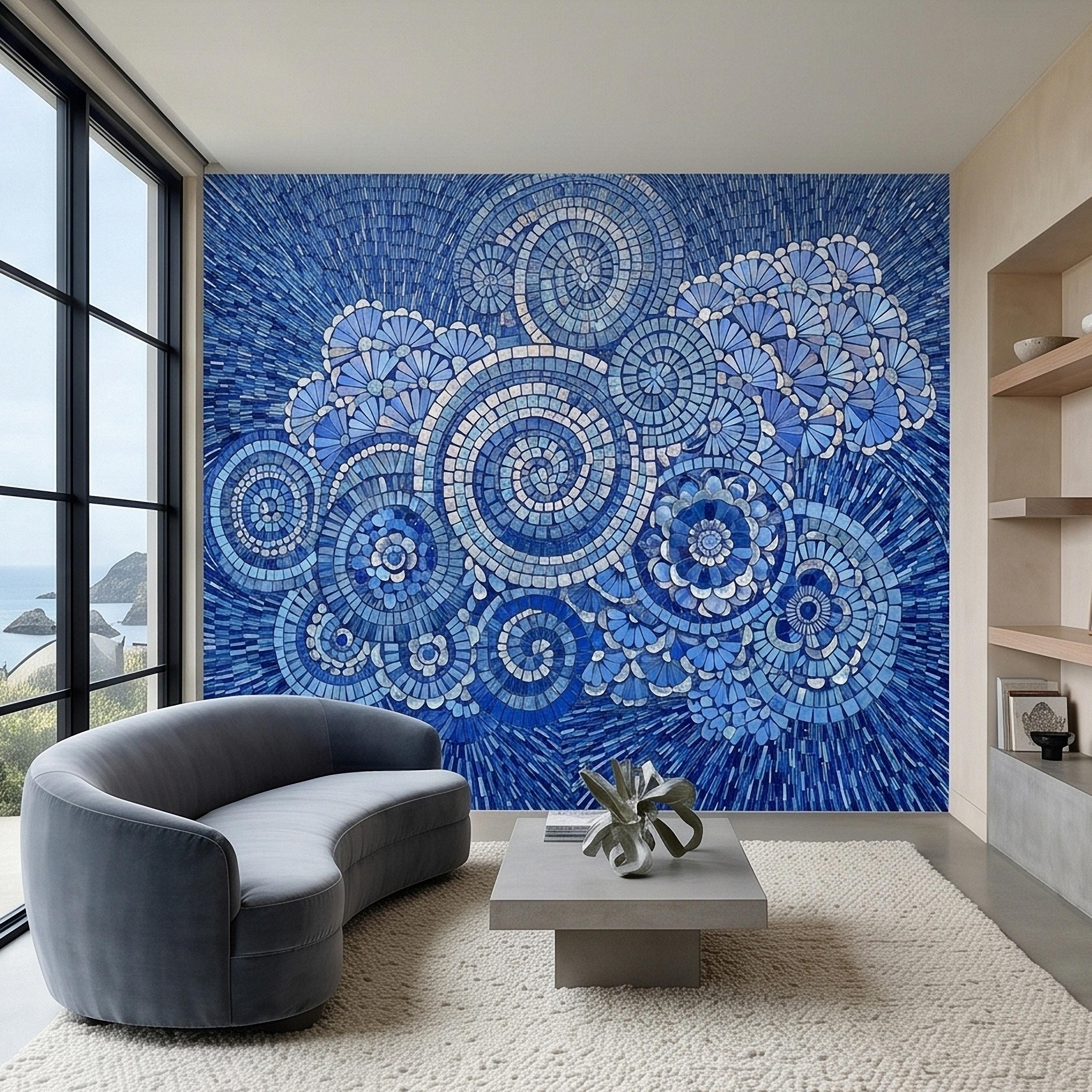 Blue and White Mosaic Floral Spiral Peel and Stick Wall Mural, Iridescent Tile Mandala Circles, Abstract Art Glass Ocean Pattern Wallpaper