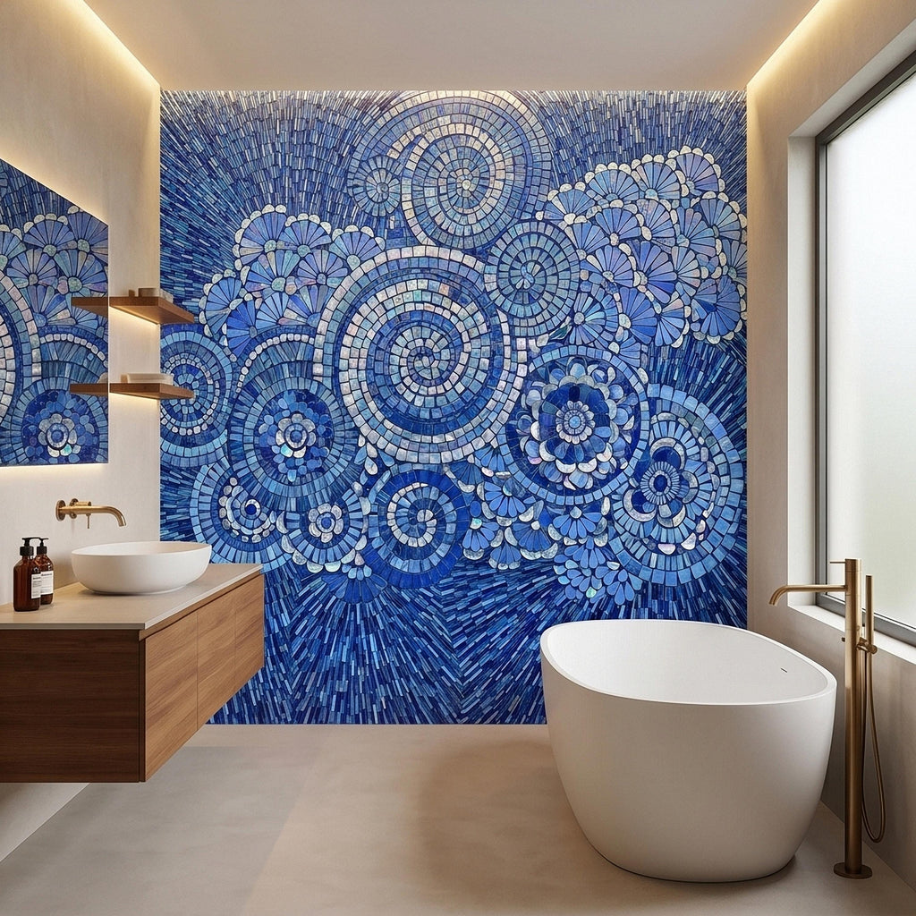 Blue and White Mosaic Floral Spiral Peel and Stick Wall Mural, Iridescent Tile Mandala Circles, Abstract Art Glass Ocean Pattern Wallpaper