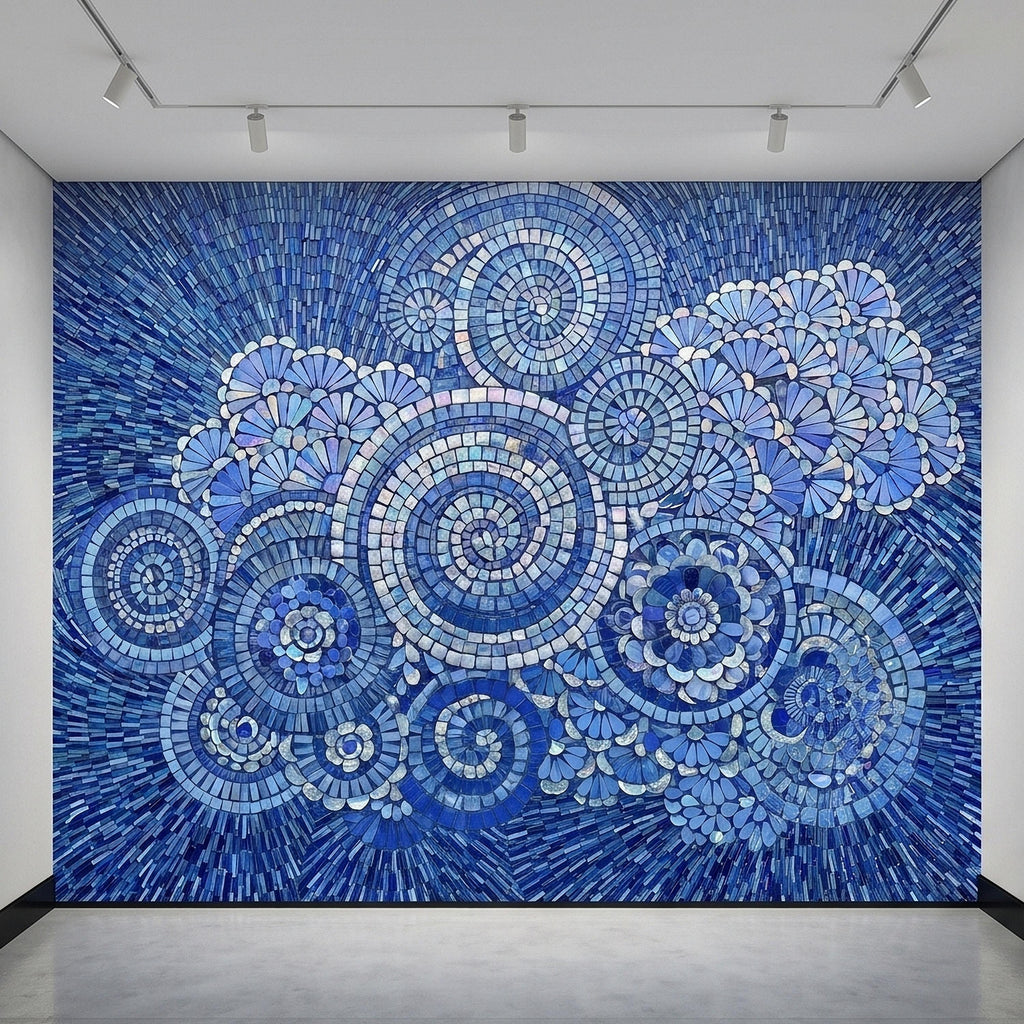 Blue and White Mosaic Floral Spiral Peel and Stick Wall Mural, Iridescent Tile Mandala Circles, Abstract Art Glass Ocean Pattern Wallpaper