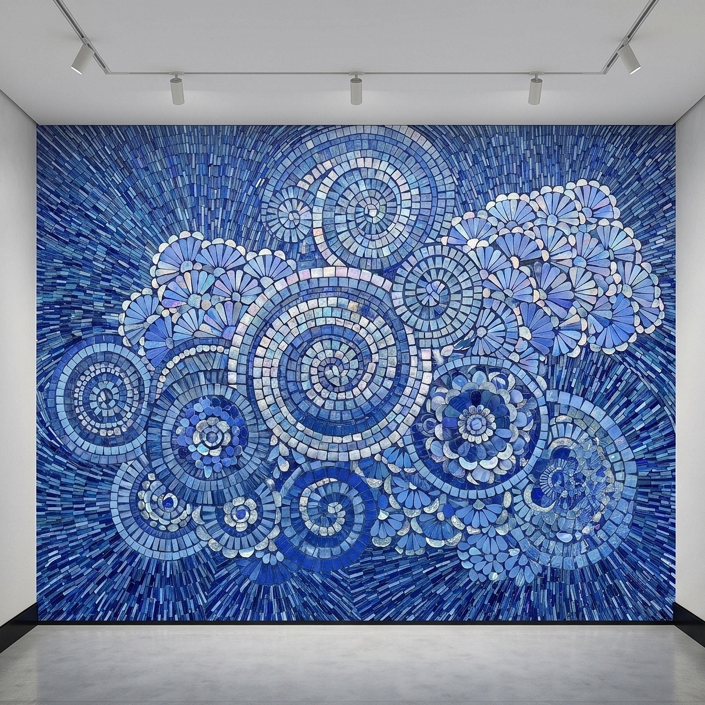 Blue and White Mosaic Floral Spiral Peel and Stick Wall Mural, Iridescent Tile Mandala Circles, Abstract Art Glass Ocean Pattern Wallpaper