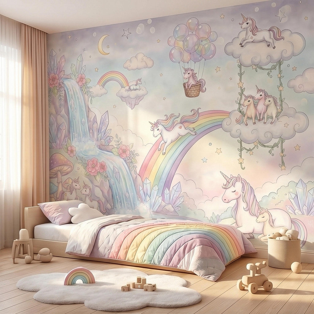 Pastel Unicorn Rainbow Peel and Stick Wall Mural, Moon Clouds Stars and Balloons, Watercolor Waterfall Fantasy Whimsical Kids Art Wallpaper