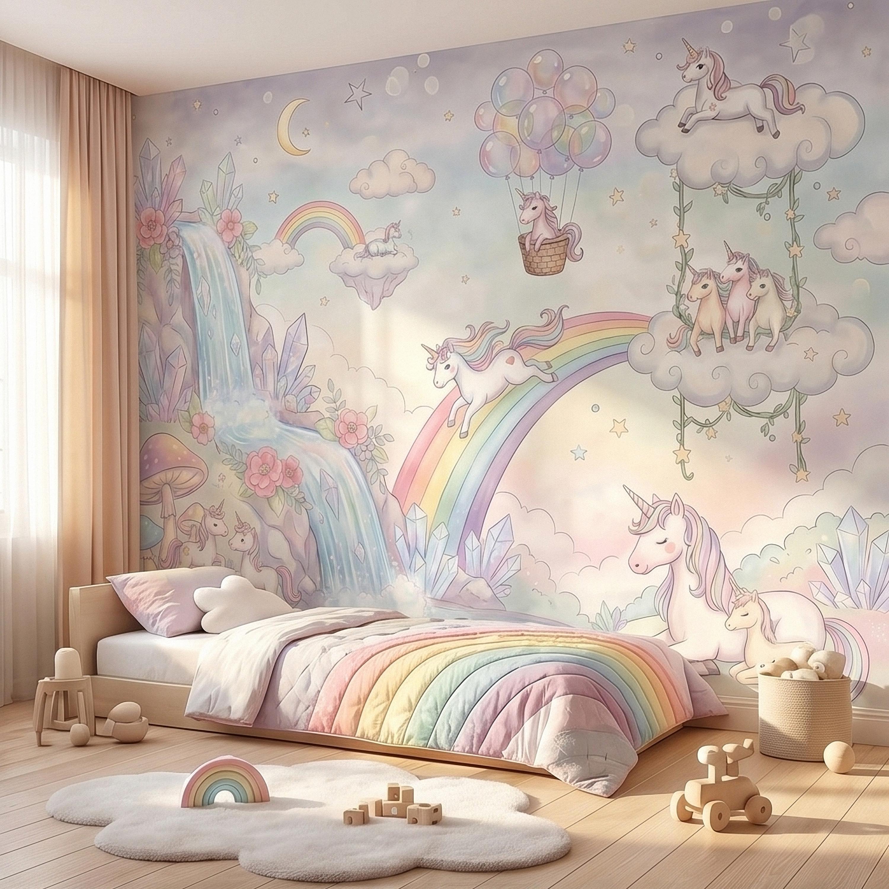 Pastel Unicorn Rainbow Peel and Stick Wall Mural, Moon Clouds Stars and Balloons, Watercolor Waterfall Fantasy Whimsical Kids Art Wallpaper