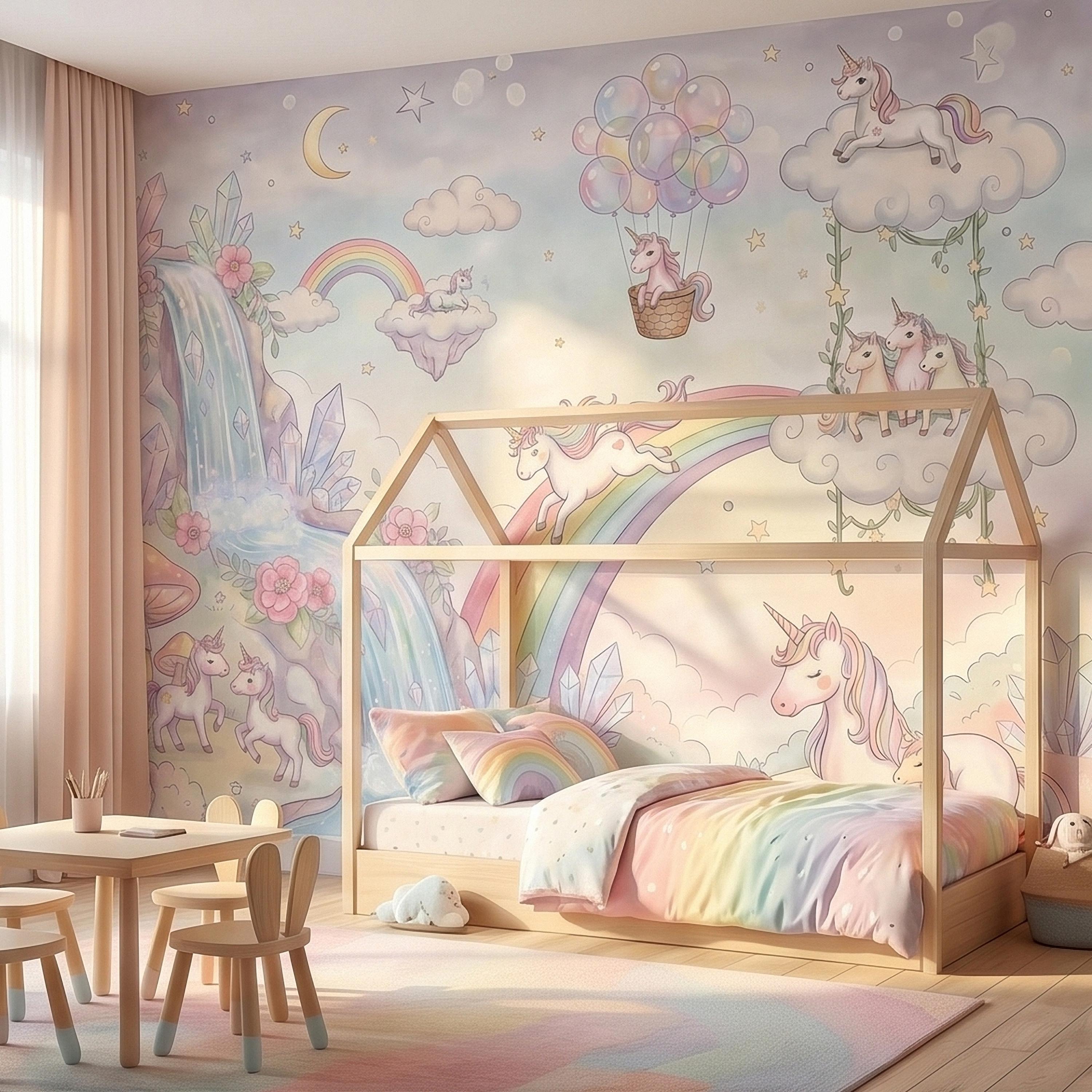 Pastel Unicorn Rainbow Peel and Stick Wall Mural, Moon Clouds Stars and Balloons, Watercolor Waterfall Fantasy Whimsical Kids Art Wallpaper