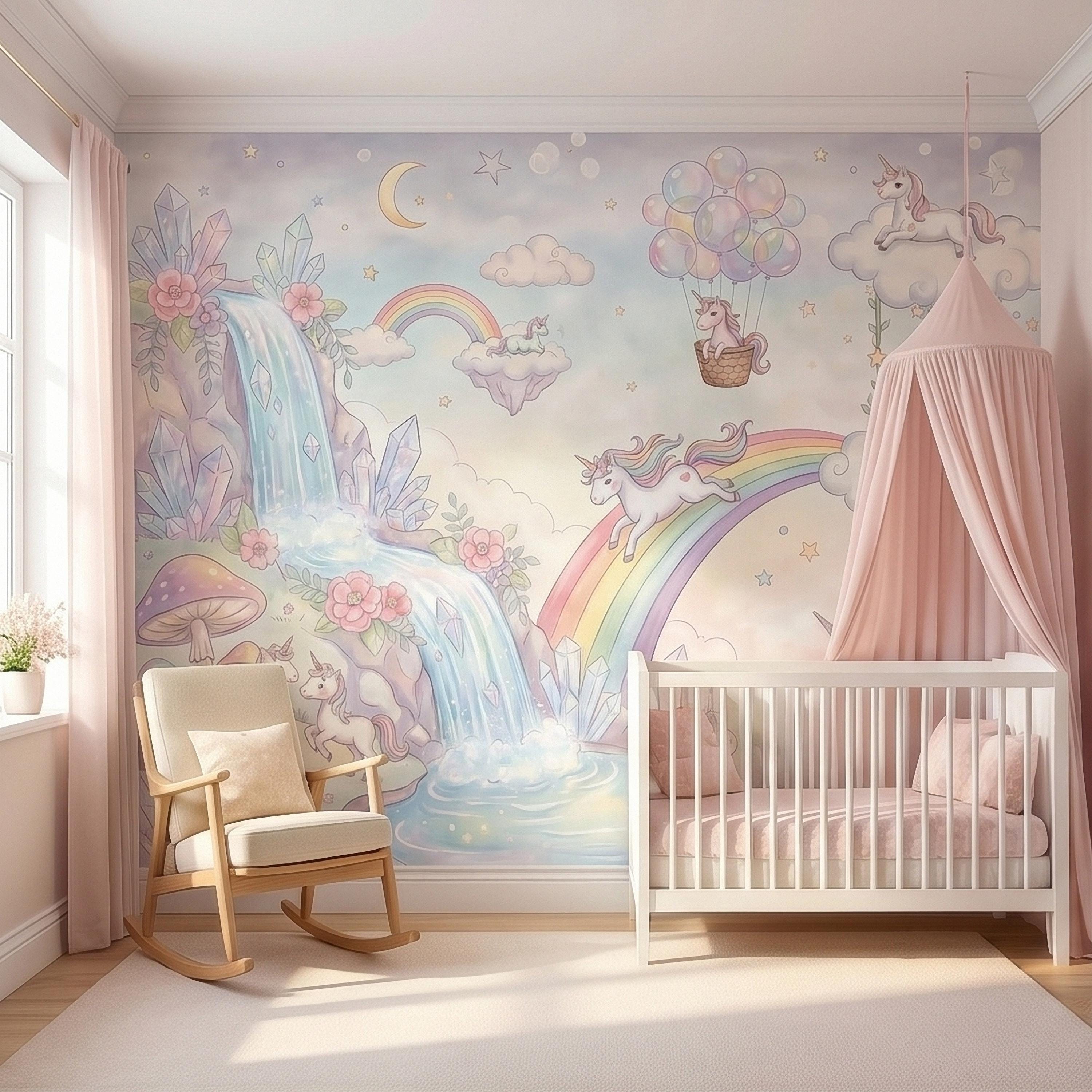 Pastel Unicorn Rainbow Peel and Stick Wall Mural, Moon Clouds Stars and Balloons, Watercolor Waterfall Fantasy Whimsical Kids Art Wallpaper