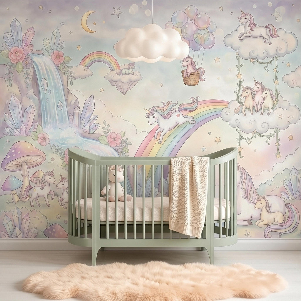 Pastel Unicorn Rainbow Peel and Stick Wall Mural, Moon Clouds Stars and Balloons, Watercolor Waterfall Fantasy Whimsical Kids Art Wallpaper