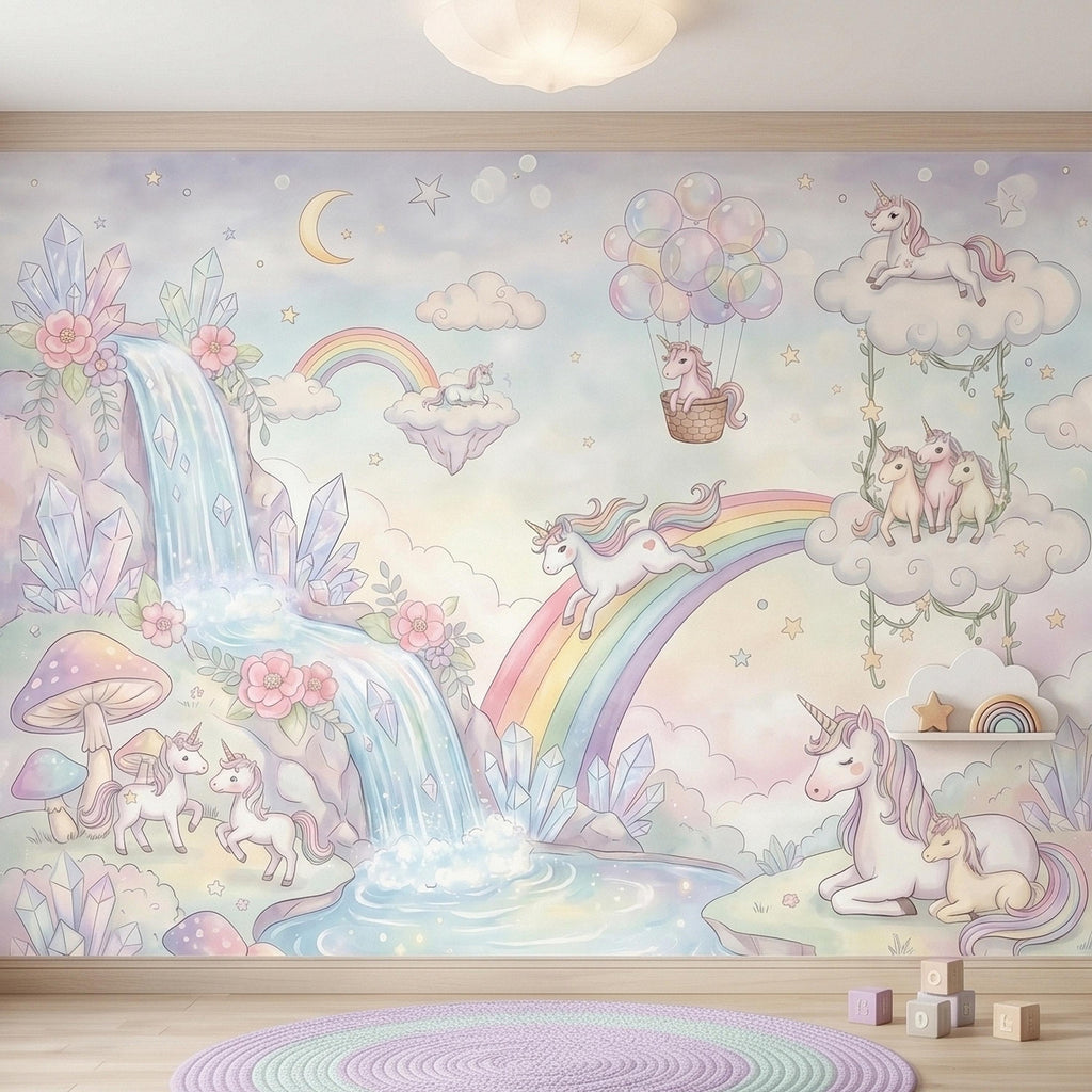 Pastel Unicorn Rainbow Peel and Stick Wall Mural, Moon Clouds Stars and Balloons, Watercolor Waterfall Fantasy Whimsical Kids Art Wallpaper