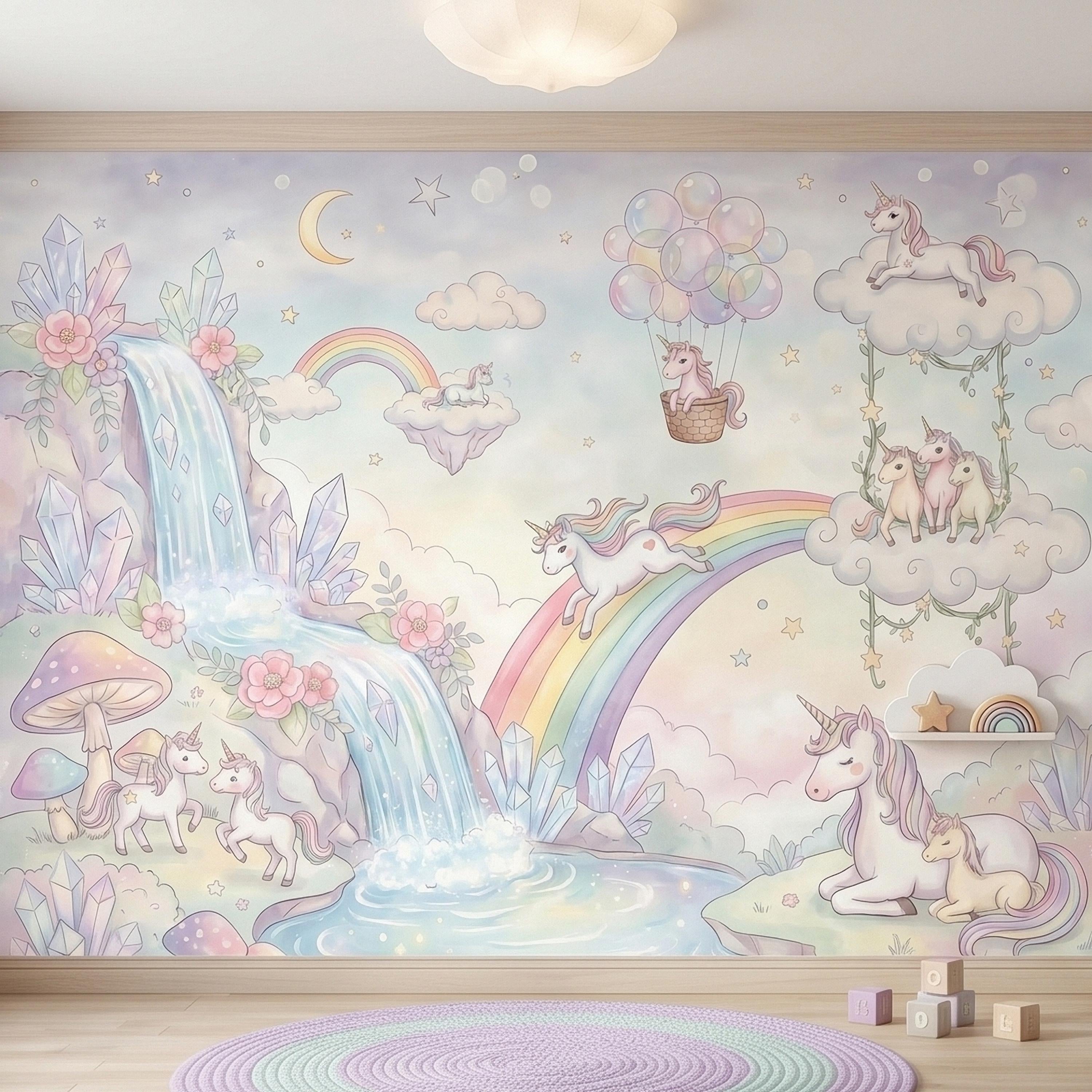 Pastel Unicorn Rainbow Peel and Stick Wall Mural, Moon Clouds Stars and Balloons, Watercolor Waterfall Fantasy Whimsical Kids Art Wallpaper
