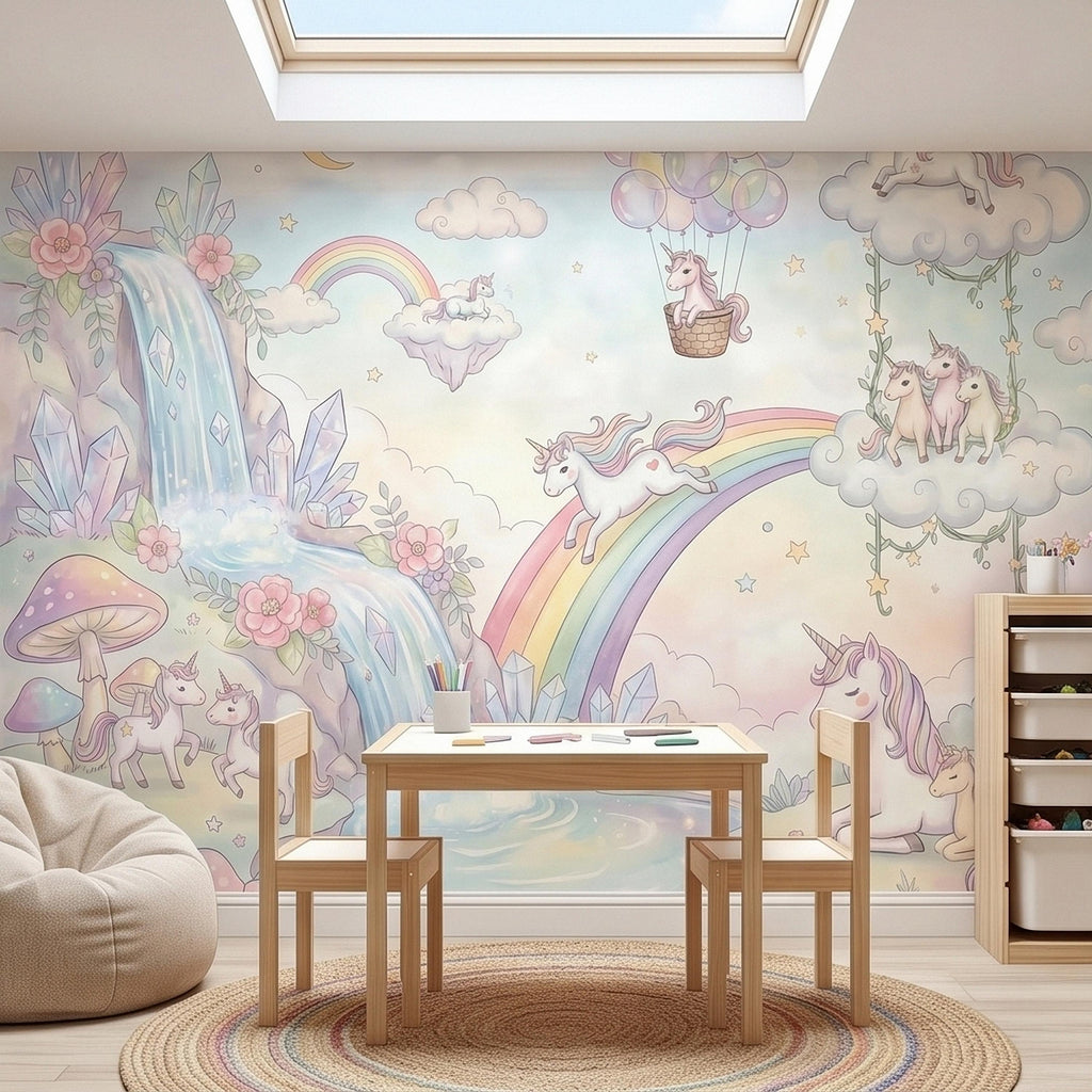 Pastel Unicorn Rainbow Peel and Stick Wall Mural, Moon Clouds Stars and Balloons, Watercolor Waterfall Fantasy Whimsical Kids Art Wallpaper