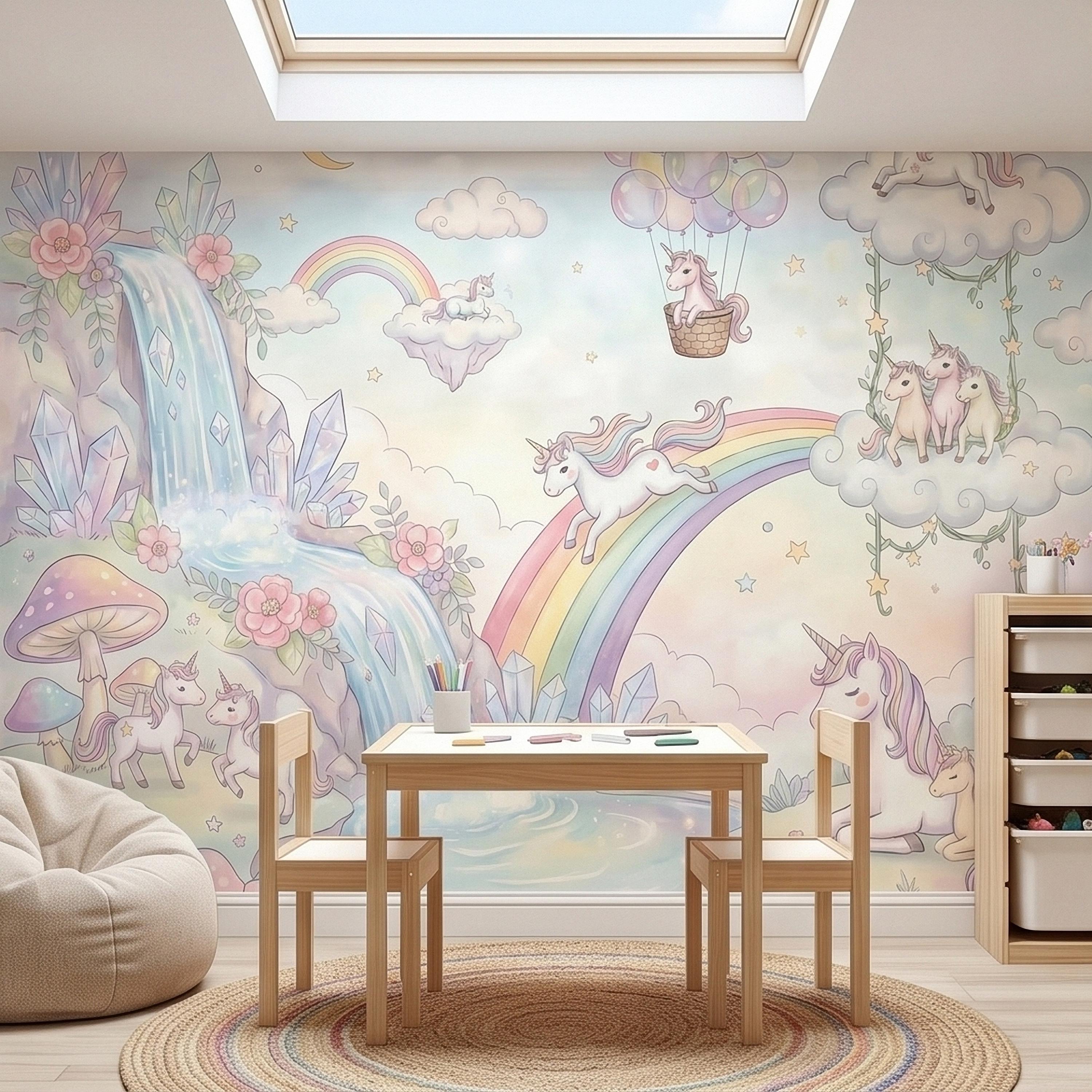 Pastel Unicorn Rainbow Peel and Stick Wall Mural, Moon Clouds Stars and Balloons, Watercolor Waterfall Fantasy Whimsical Kids Art Wallpaper