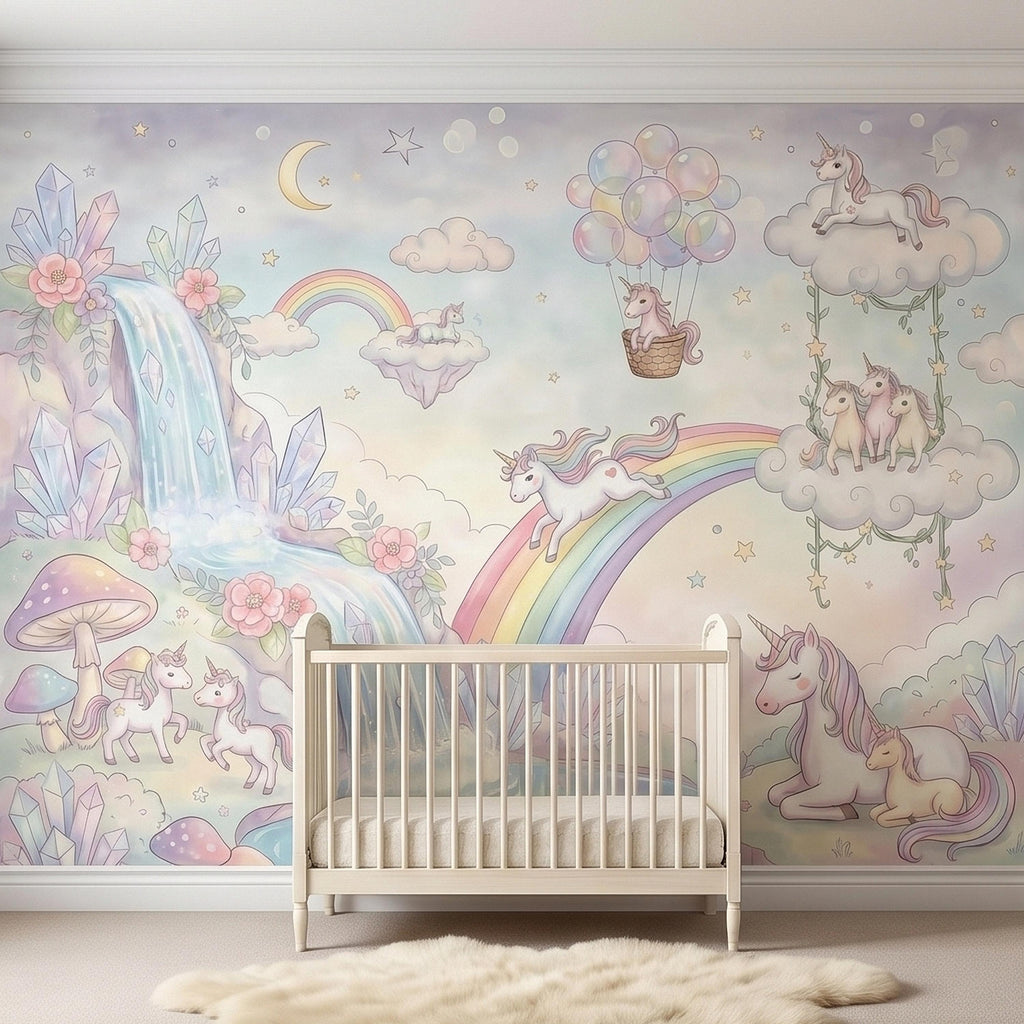 Pastel Unicorn Rainbow Peel and Stick Wall Mural, Moon Clouds Stars and Balloons, Watercolor Waterfall Fantasy Whimsical Kids Art Wallpaper