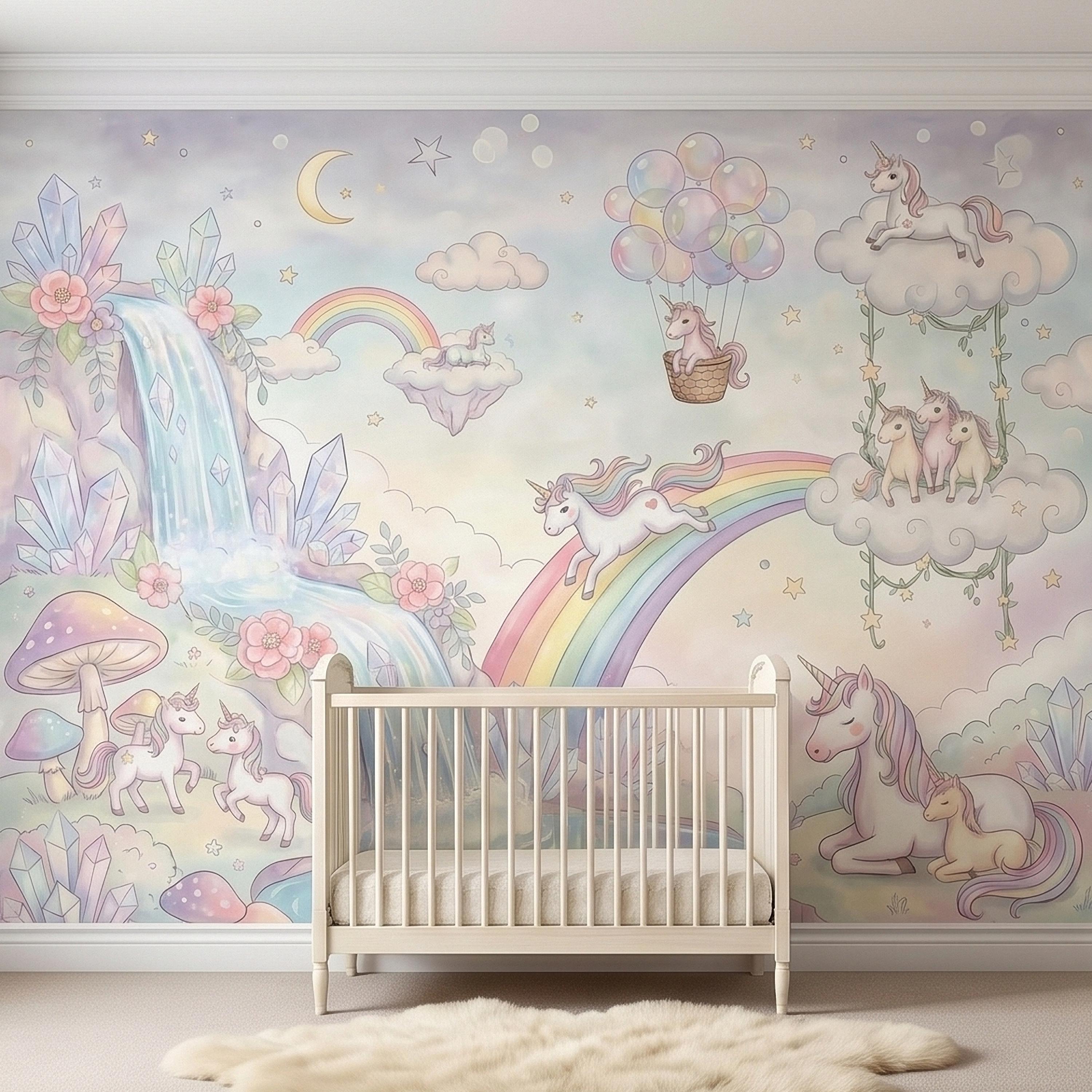 Pastel Unicorn Rainbow Peel and Stick Wall Mural, Moon Clouds Stars and Balloons, Watercolor Waterfall Fantasy Whimsical Kids Art Wallpaper