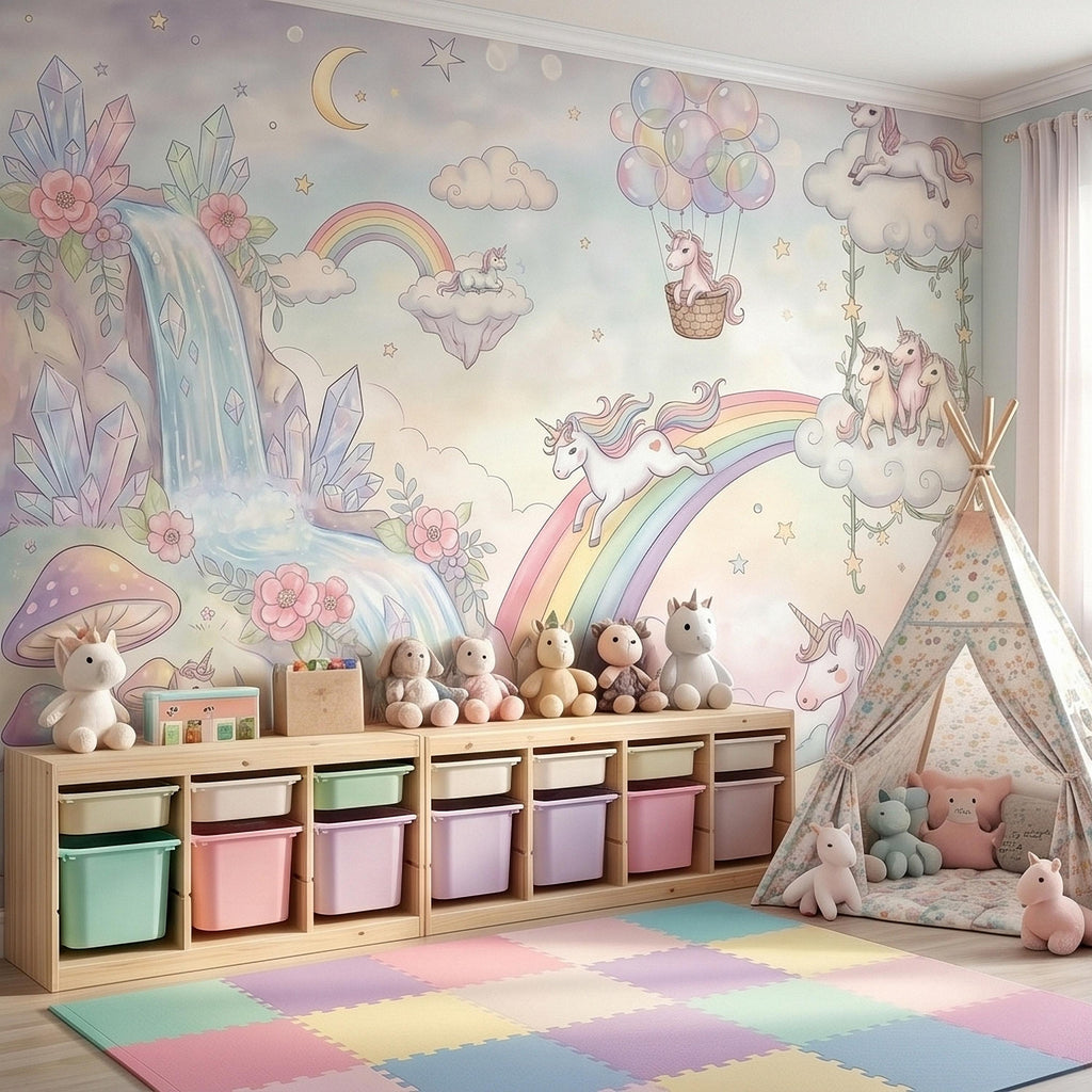 Pastel Unicorn Rainbow Peel and Stick Wall Mural, Moon Clouds Stars and Balloons, Watercolor Waterfall Fantasy Whimsical Kids Art Wallpaper