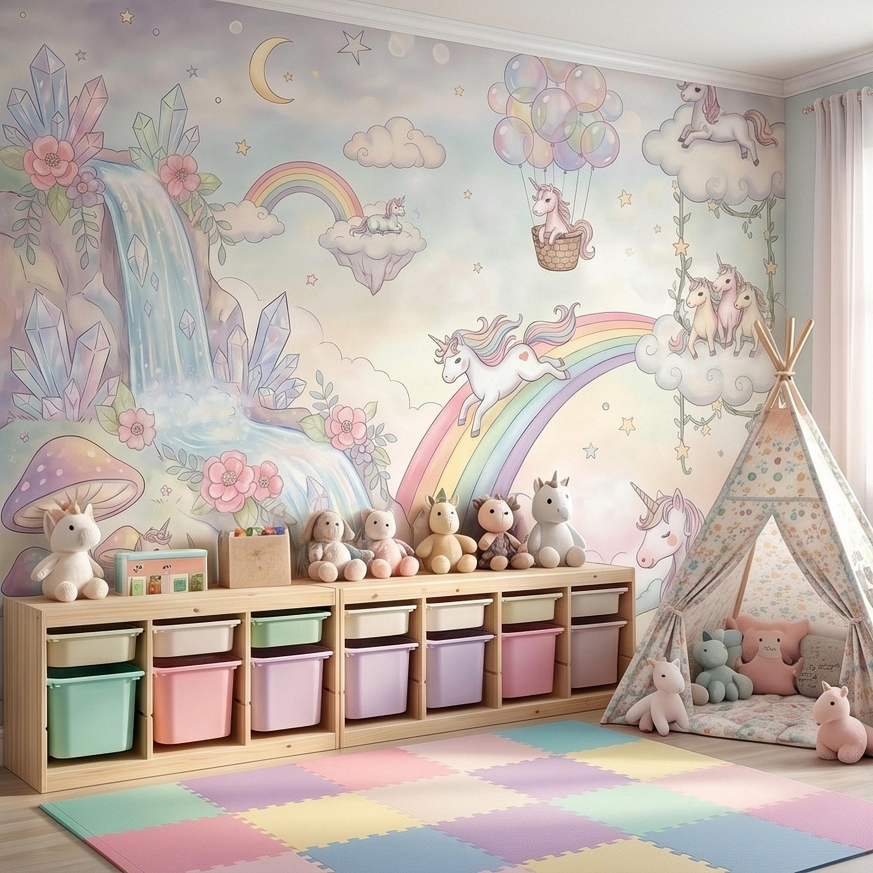 Pastel Unicorn Rainbow Peel and Stick Wall Mural, Moon Clouds Stars and Balloons, Watercolor Waterfall Fantasy Whimsical Kids Art Wallpaper