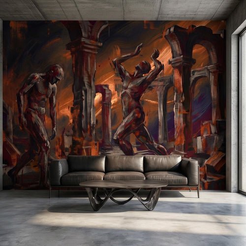 Abstract Figure Archways Peel and Stick Wall Mural, Modern Expressionist Painting in Copper and Charcoal Dramatic Contemporary Art Wallpaper