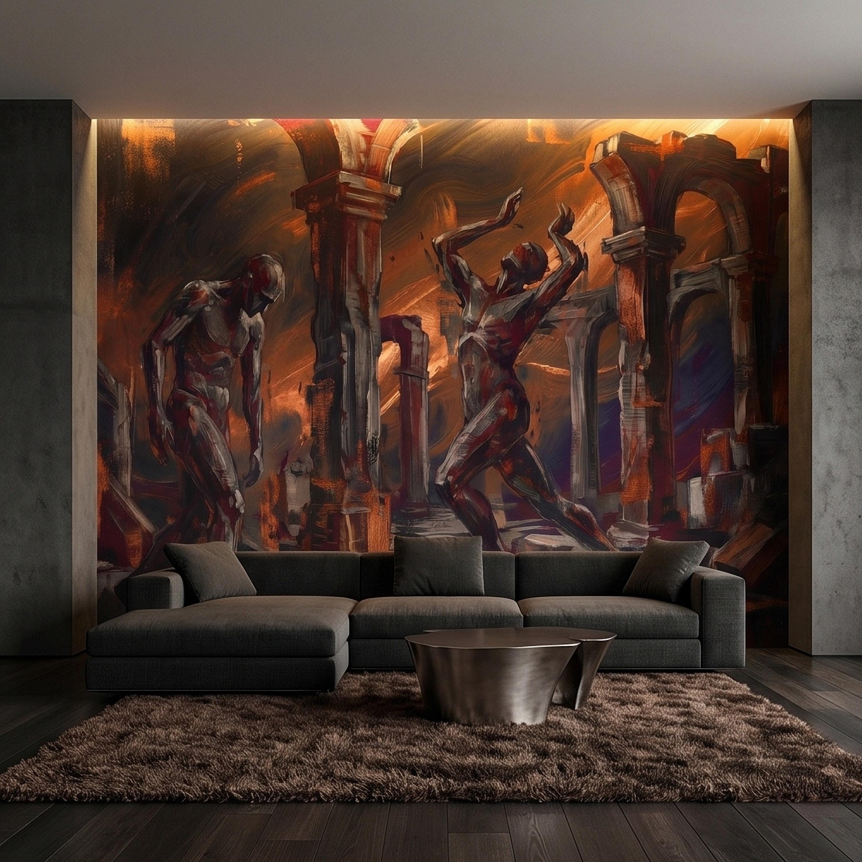 Abstract Figure Archways Peel and Stick Wall Mural, Modern Expressionist Painting in Copper and Charcoal Dramatic Contemporary Art Wallpaper