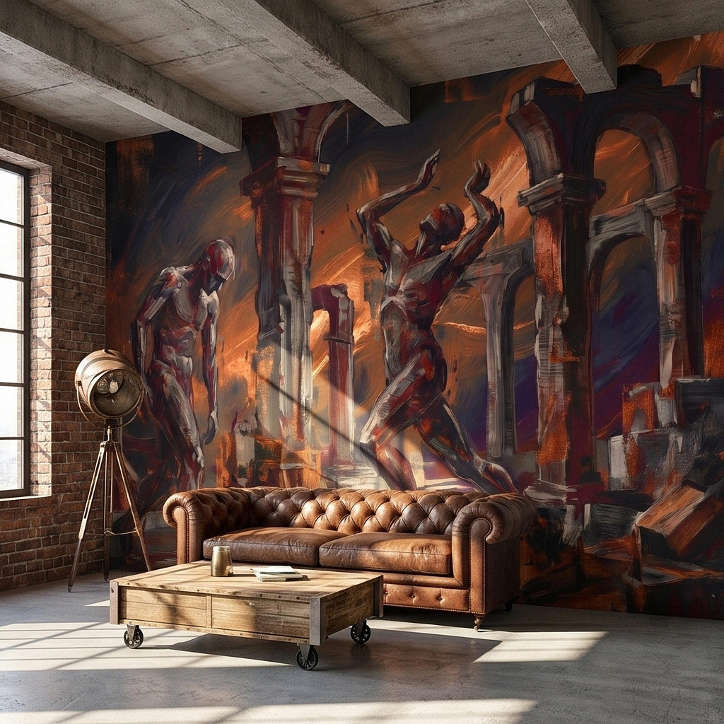 Abstract Figure Archways Peel and Stick Wall Mural, Modern Expressionist Painting in Copper and Charcoal Dramatic Contemporary Art Wallpaper