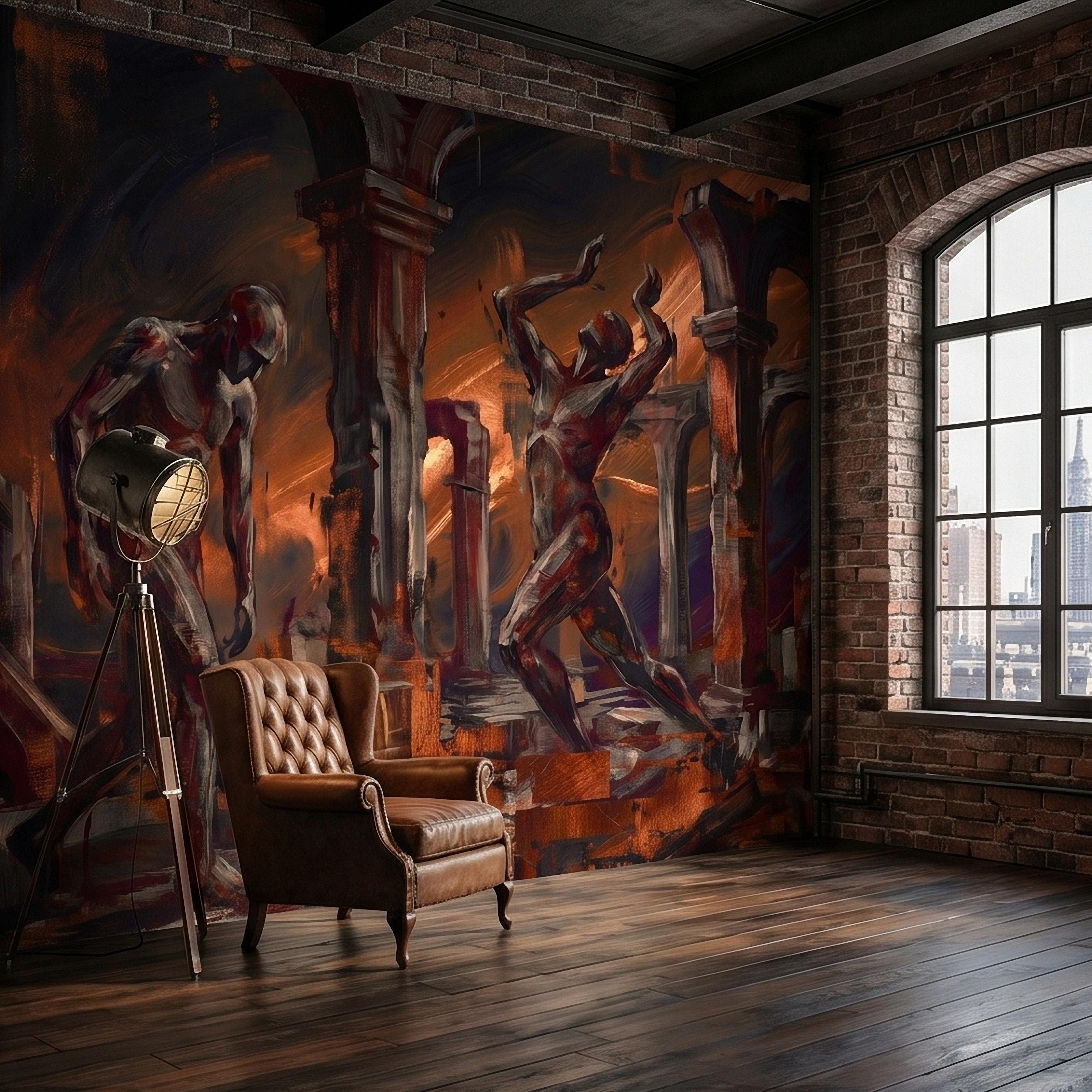 Abstract Figure Archways Peel and Stick Wall Mural, Modern Expressionist Painting in Copper and Charcoal Dramatic Contemporary Art Wallpaper