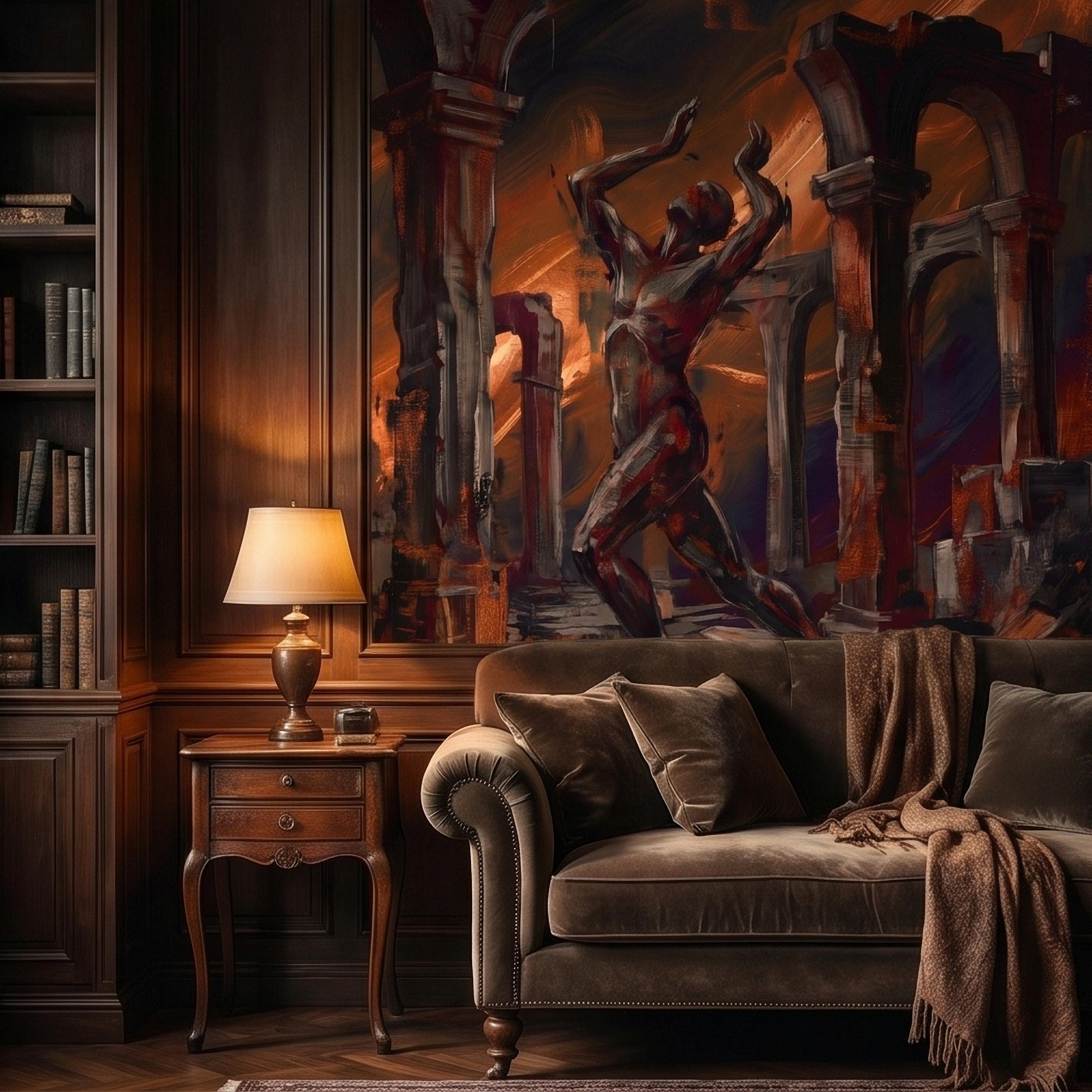 Abstract Figure Archways Peel and Stick Wall Mural, Modern Expressionist Painting in Copper and Charcoal Dramatic Contemporary Art Wallpaper
