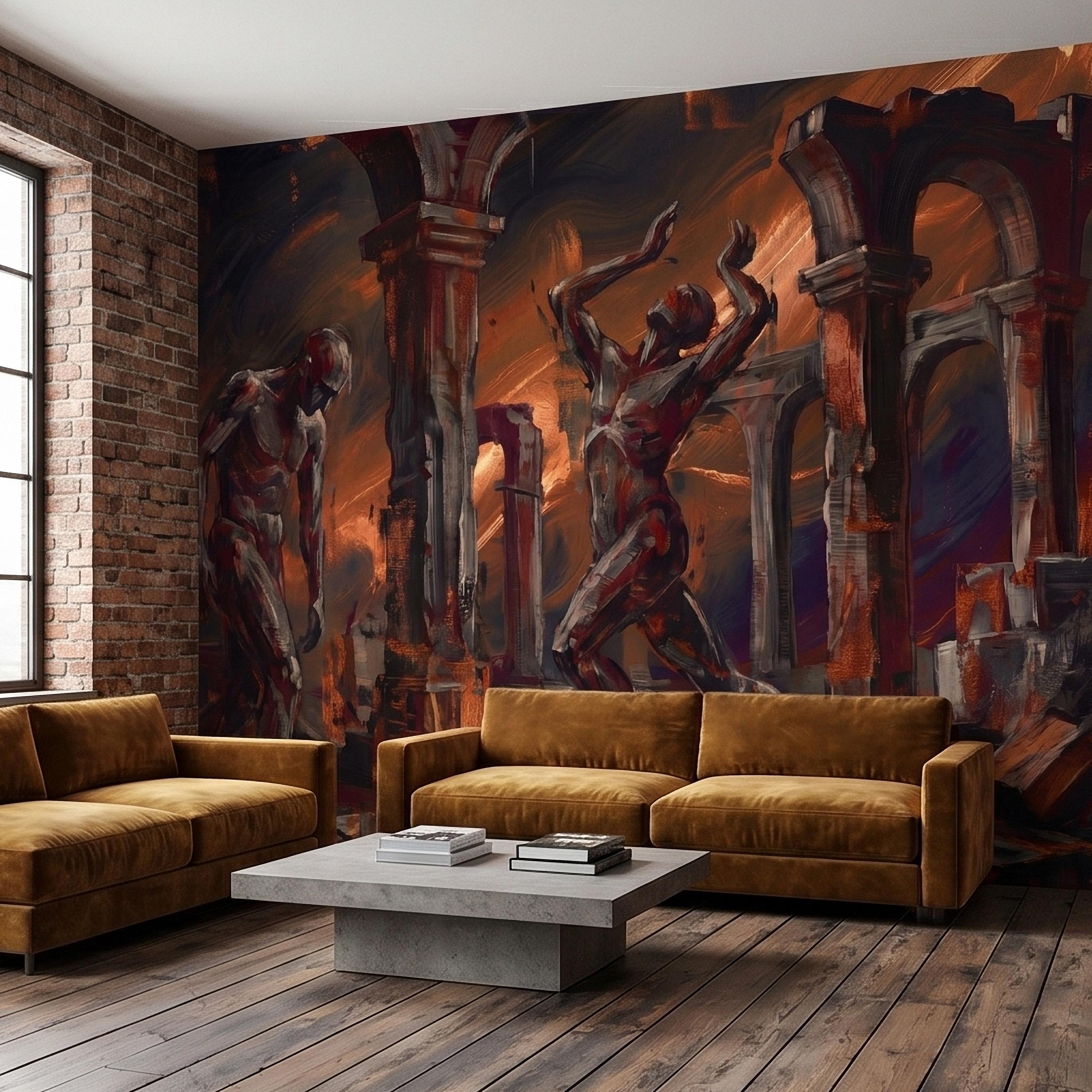 Abstract Figure Archways Peel and Stick Wall Mural, Modern Expressionist Painting in Copper and Charcoal Dramatic Contemporary Art Wallpaper