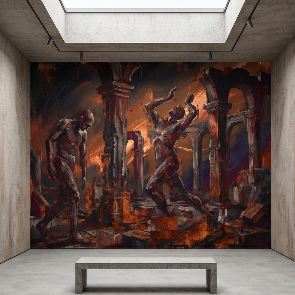 Abstract Figure Archways Peel and Stick Wall Mural, Modern Expressionist Painting in Copper and Charcoal Dramatic Contemporary Art Wallpaper