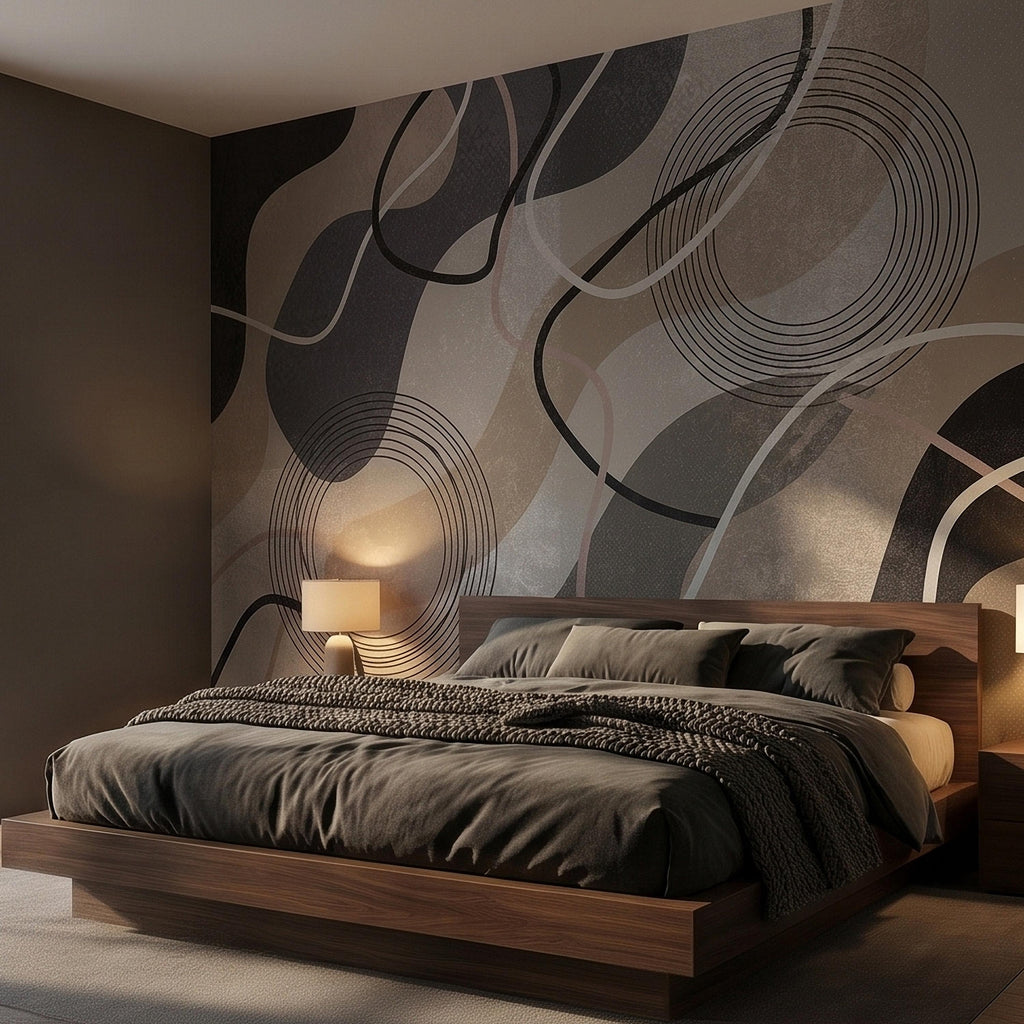 Neutral Abstract Geometric Peel and Stick Wall Mural Beige Gray Black Organic Shapes Circles and Lines Modern Minimal Textured Wallpaper