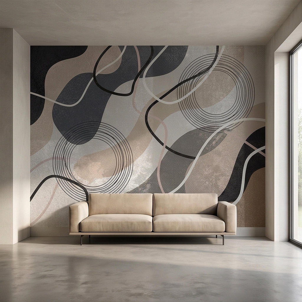 Neutral Abstract Geometric Peel and Stick Wall Mural Beige Gray Black Organic Shapes Circles and Lines Modern Minimal Textured Wallpaper