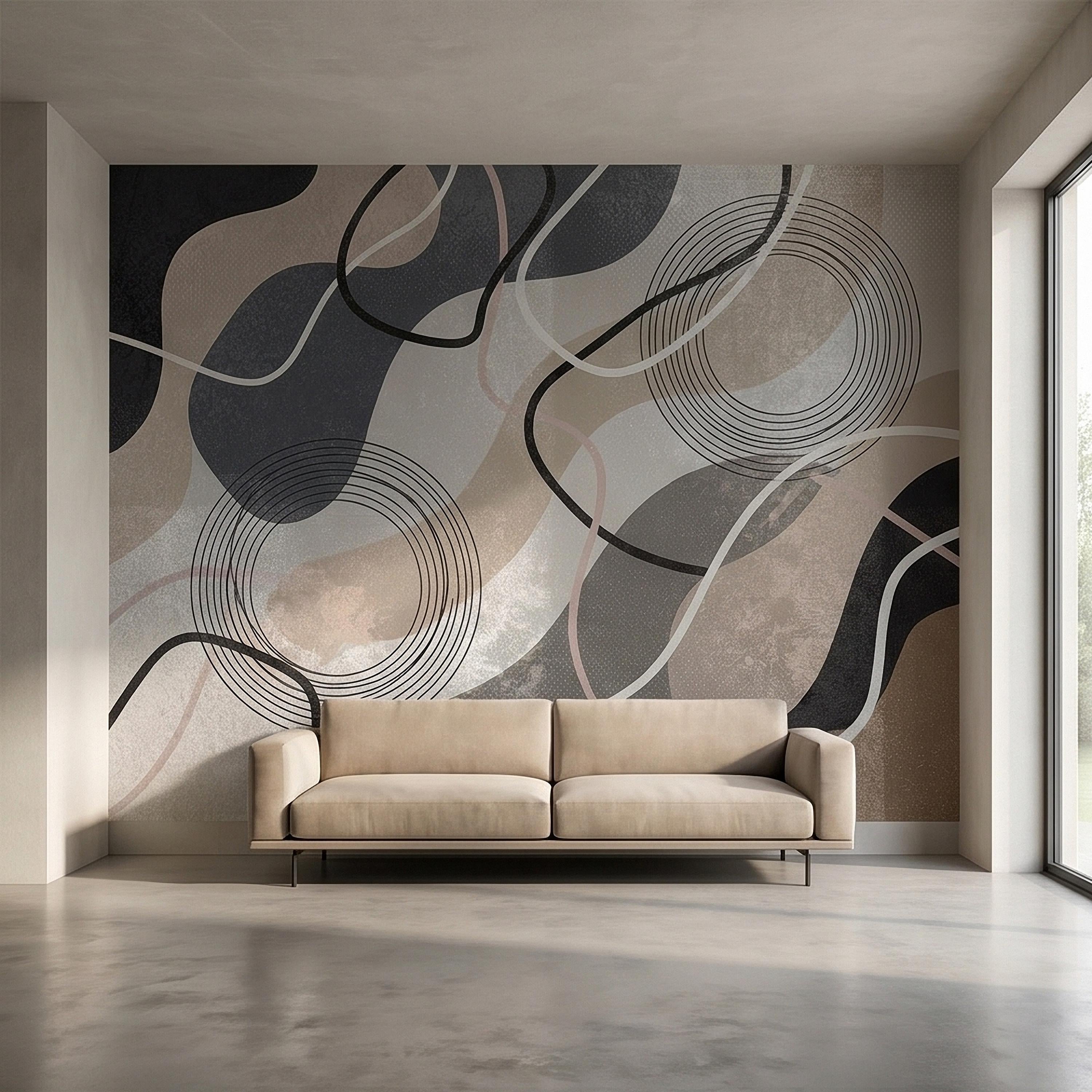 Neutral Abstract Geometric Peel and Stick Wall Mural Beige Gray Black Organic Shapes Circles and Lines Modern Minimal Textured Wallpaper