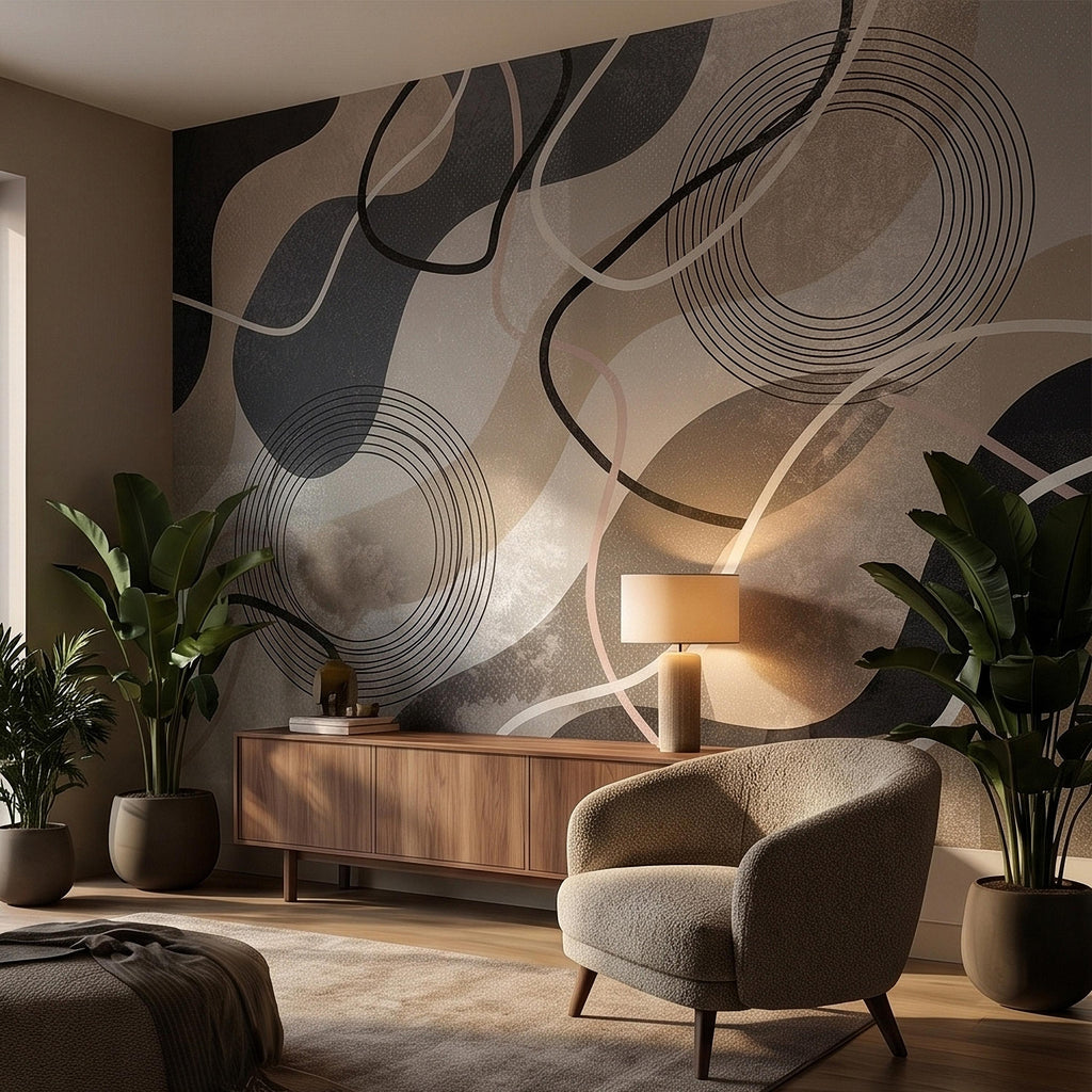 Neutral Abstract Geometric Peel and Stick Wall Mural Beige Gray Black Organic Shapes Circles and Lines Modern Minimal Textured Wallpaper