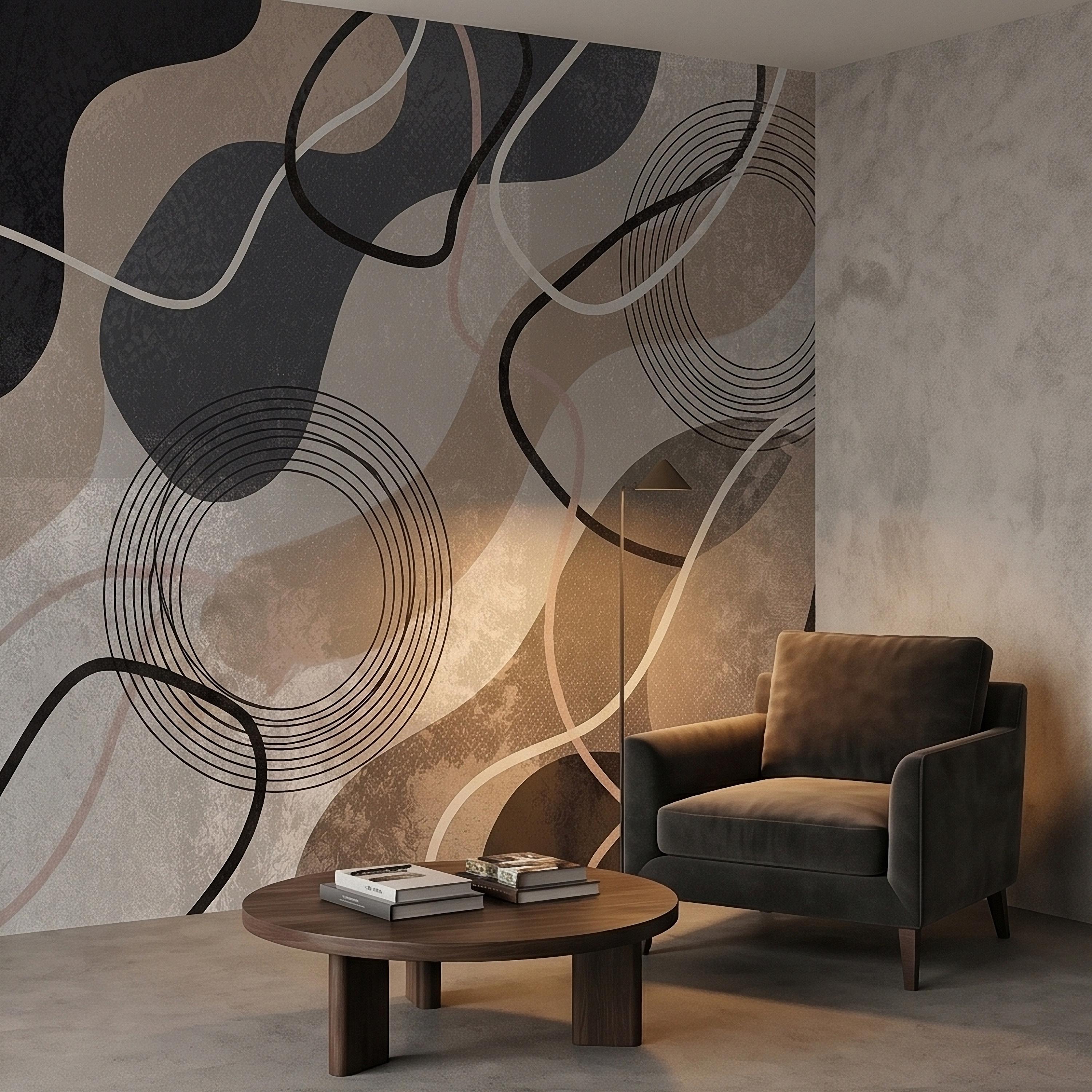 Neutral Abstract Geometric Peel and Stick Wall Mural Beige Gray Black Organic Shapes Circles and Lines Modern Minimal Textured Wallpaper