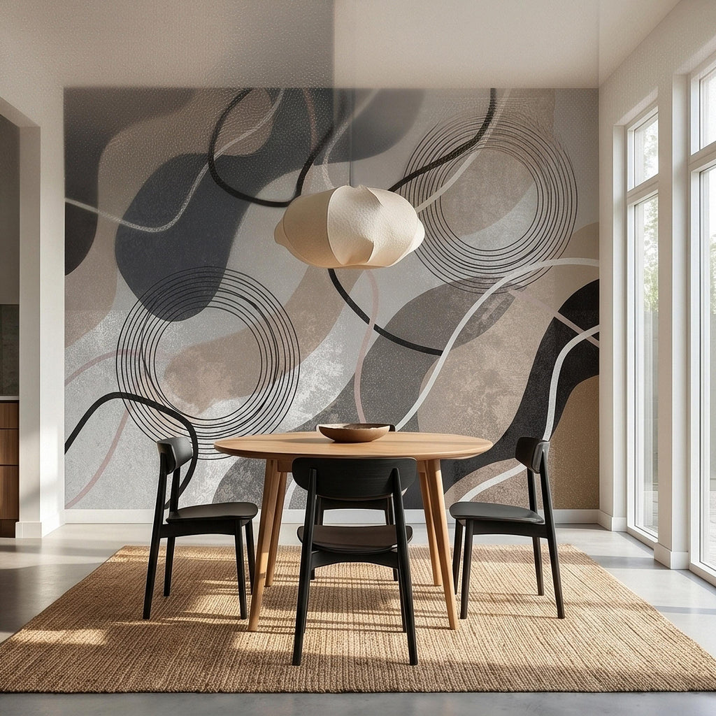 Neutral Abstract Geometric Peel and Stick Wall Mural Beige Gray Black Organic Shapes Circles and Lines Modern Minimal Textured Wallpaper