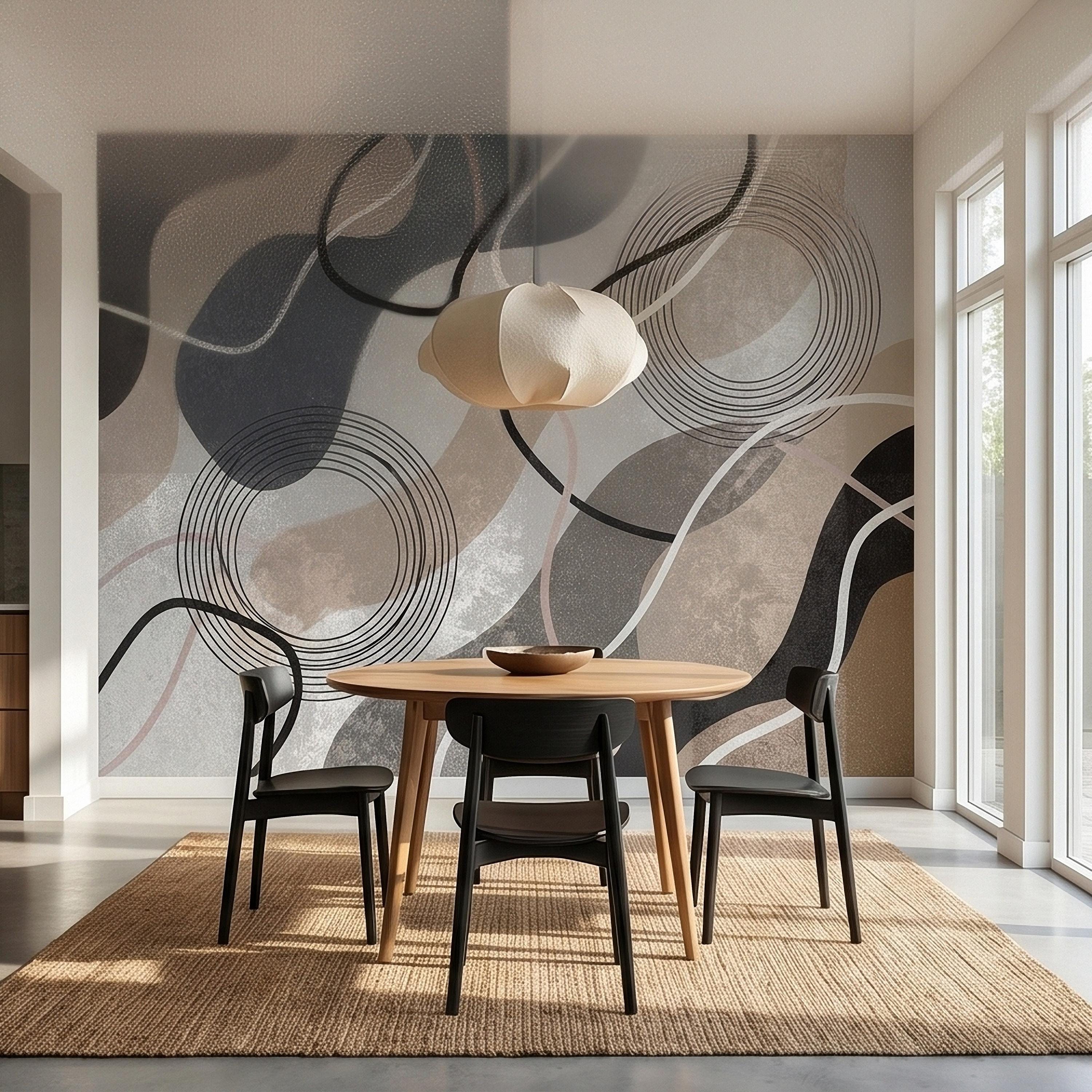 Neutral Abstract Geometric Peel and Stick Wall Mural Beige Gray Black Organic Shapes Circles and Lines Modern Minimal Textured Wallpaper