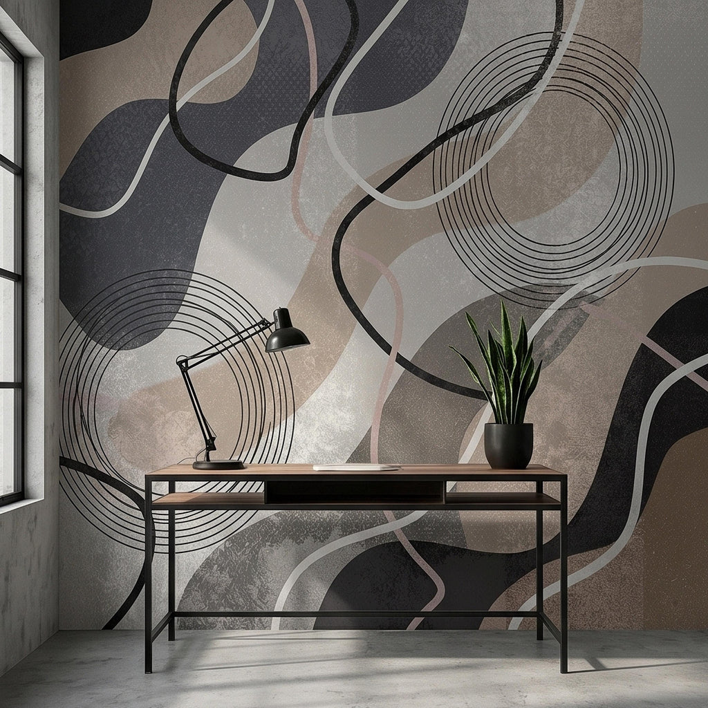 Neutral Abstract Geometric Peel and Stick Wall Mural Beige Gray Black Organic Shapes Circles and Lines Modern Minimal Textured Wallpaper