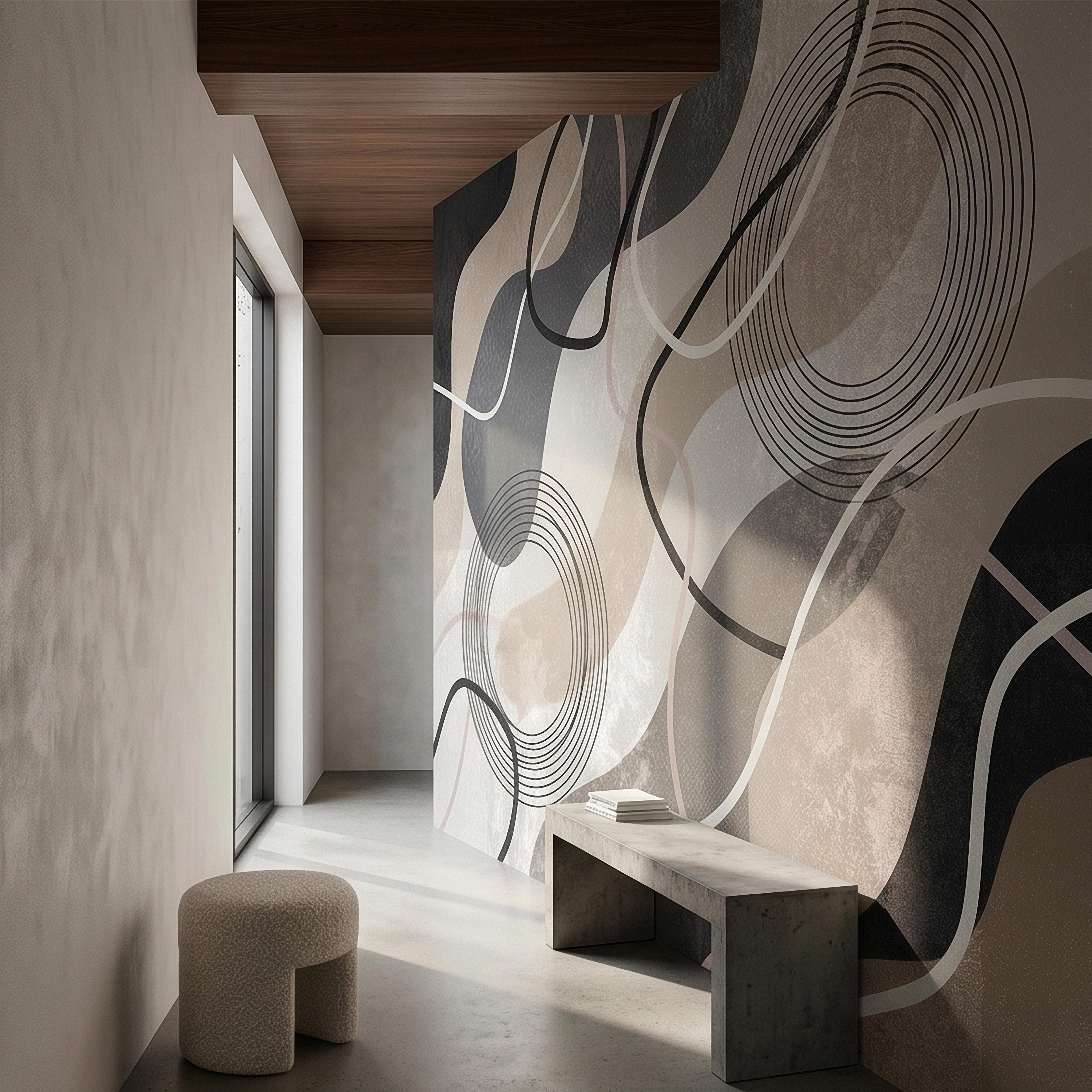 Neutral Abstract Geometric Peel and Stick Wall Mural Beige Gray Black Organic Shapes Circles and Lines Modern Minimal Textured Wallpaper