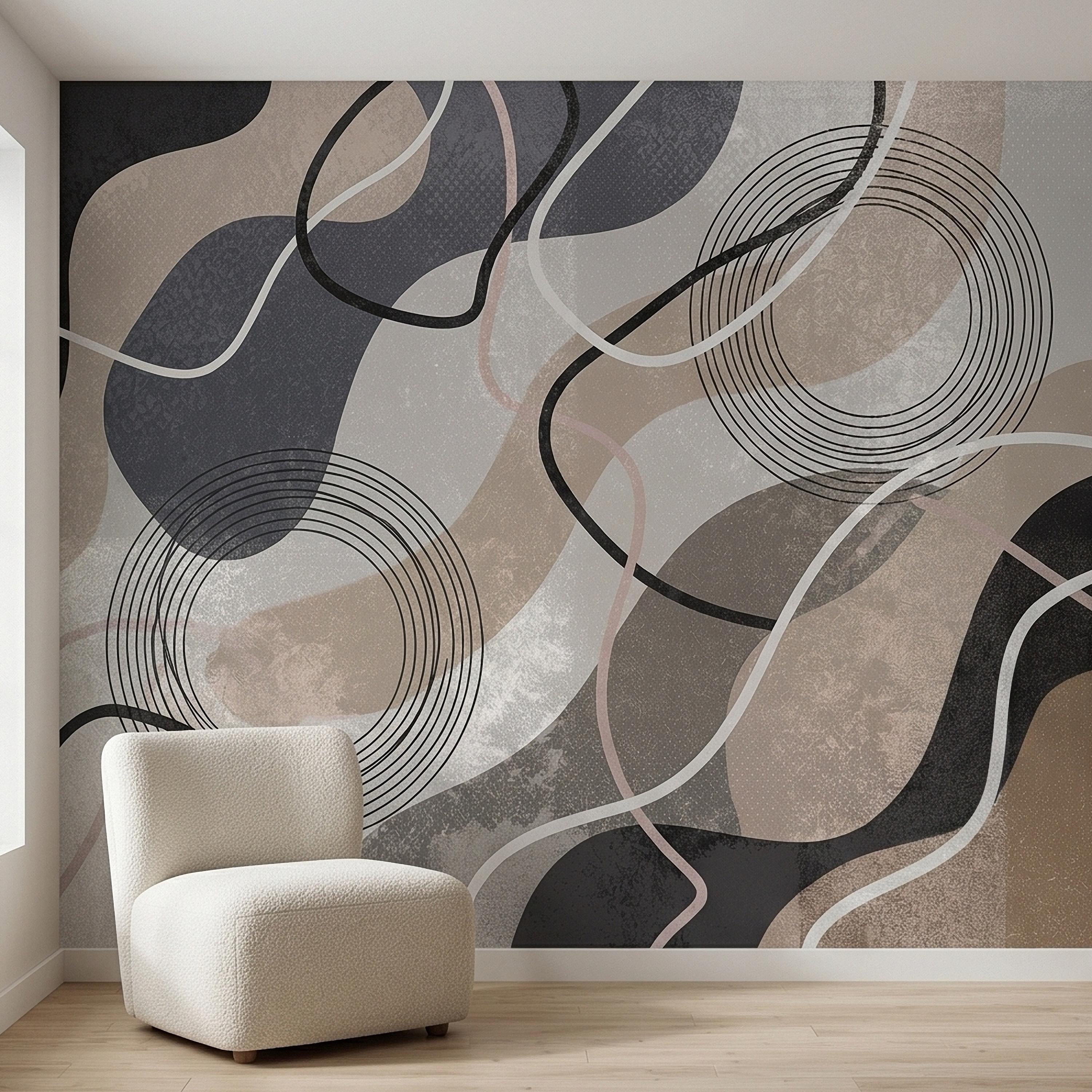 Neutral Abstract Geometric Peel and Stick Wall Mural Beige Gray Black Organic Shapes Circles and Lines Modern Minimal Textured Wallpaper