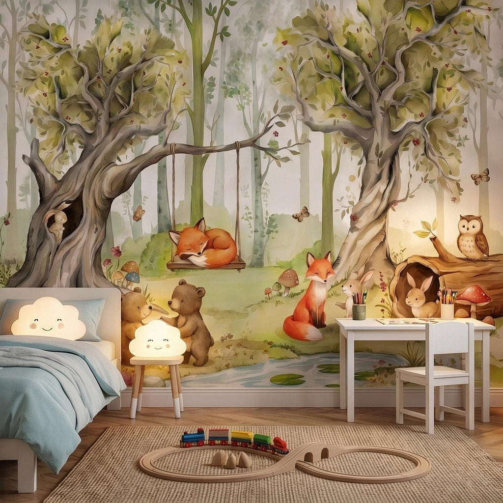 Woodland Animals Peel and Stick Wall Mural, Watercolor Cute Fox Bear Rabbit Owl, Whimsical Storybook Meadow Mushrooms Kids Nursery Wallpaper