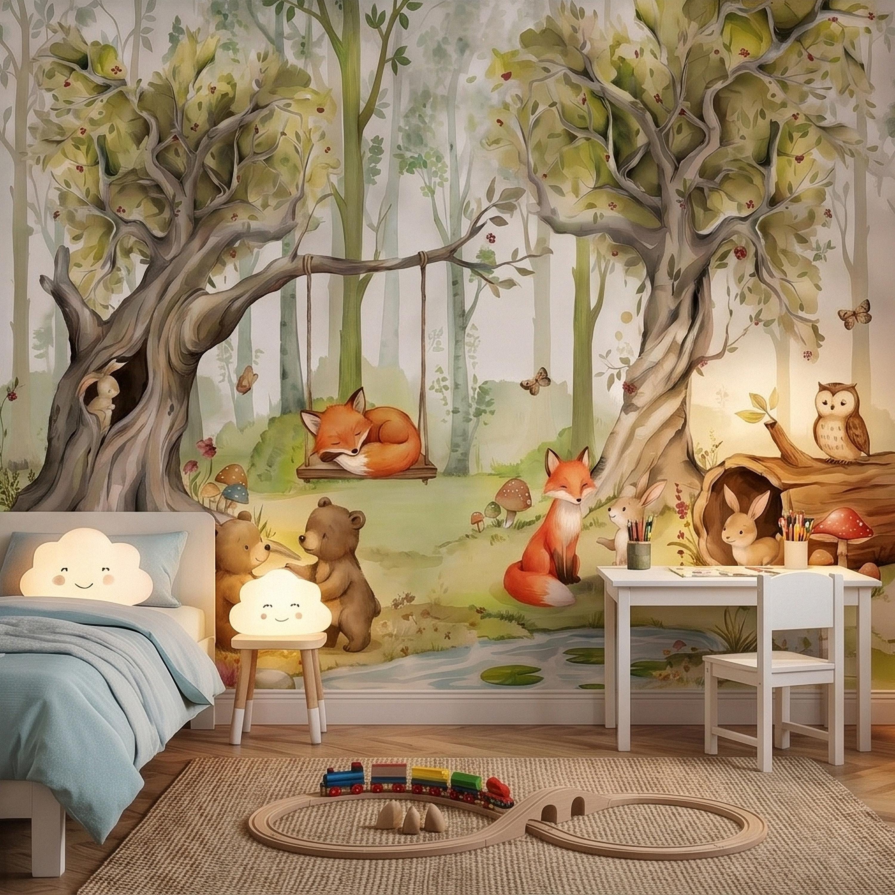 Woodland Animals Peel and Stick Wall Mural, Watercolor Cute Fox Bear Rabbit Owl, Whimsical Storybook Meadow Mushrooms Kids Nursery Wallpaper