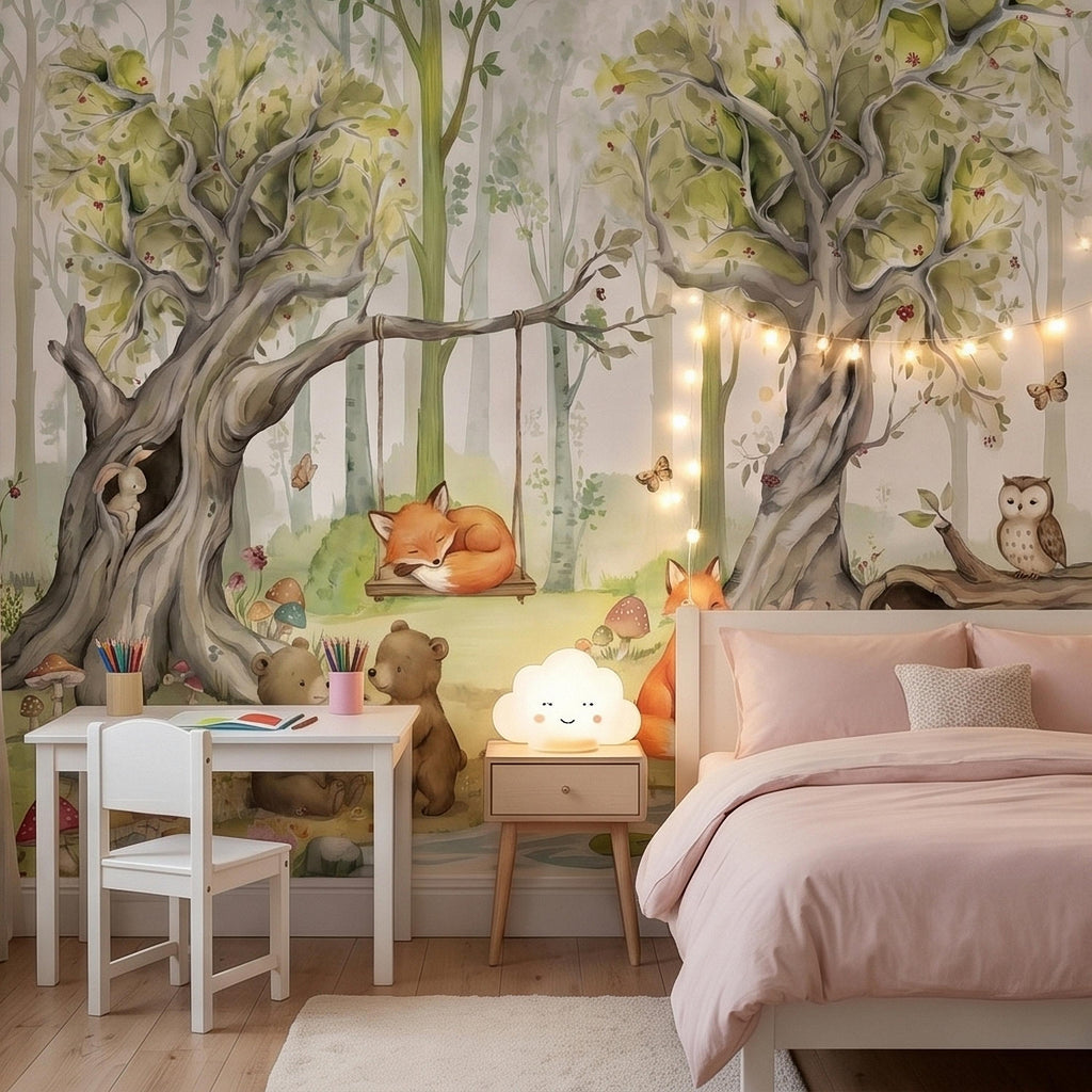 Woodland Animals Peel and Stick Wall Mural, Watercolor Cute Fox Bear Rabbit Owl, Whimsical Storybook Meadow Mushrooms Kids Nursery Wallpaper