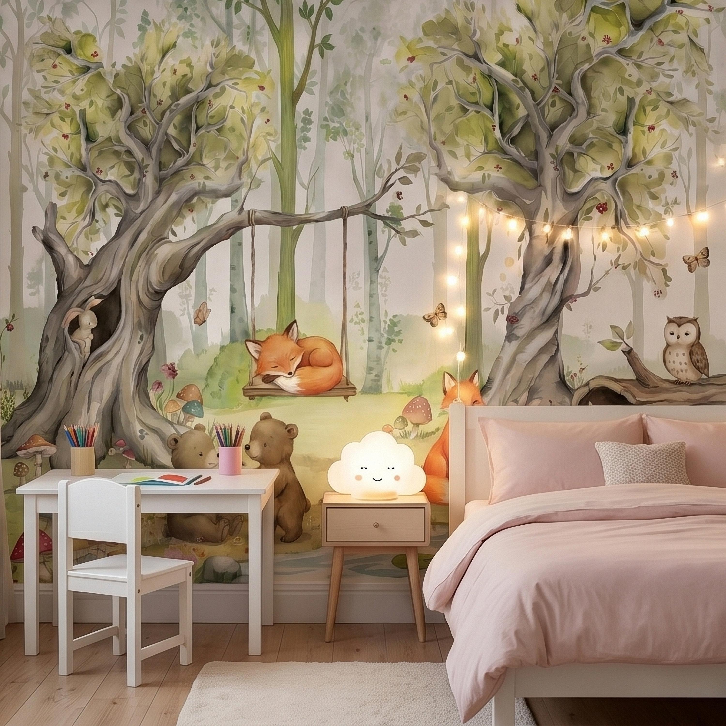 Woodland Animals Peel and Stick Wall Mural, Watercolor Cute Fox Bear Rabbit Owl, Whimsical Storybook Meadow Mushrooms Kids Nursery Wallpaper