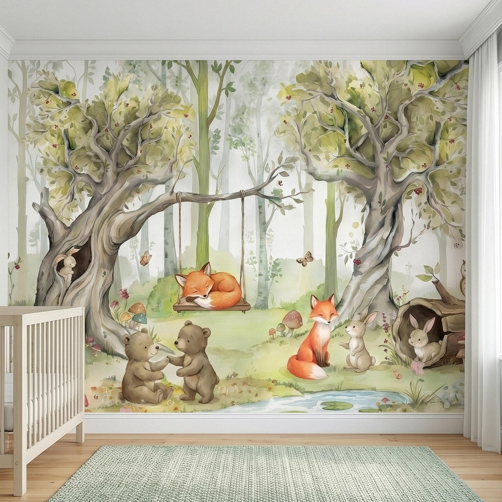 Woodland Animals Peel and Stick Wall Mural, Watercolor Cute Fox Bear Rabbit Owl, Whimsical Storybook Meadow Mushrooms Kids Nursery Wallpaper