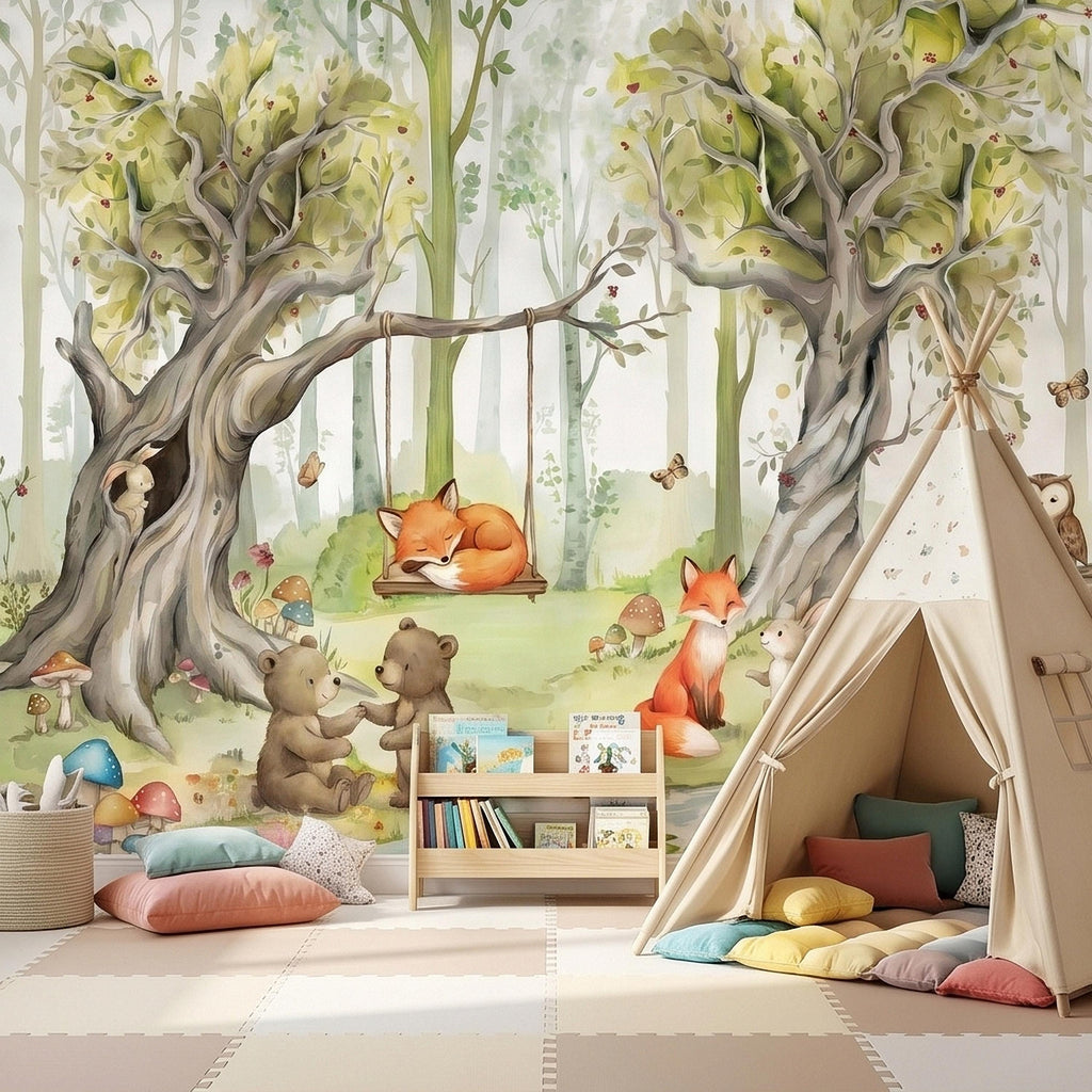 Woodland Animals Peel and Stick Wall Mural, Watercolor Cute Fox Bear Rabbit Owl, Whimsical Storybook Meadow Mushrooms Kids Nursery Wallpaper