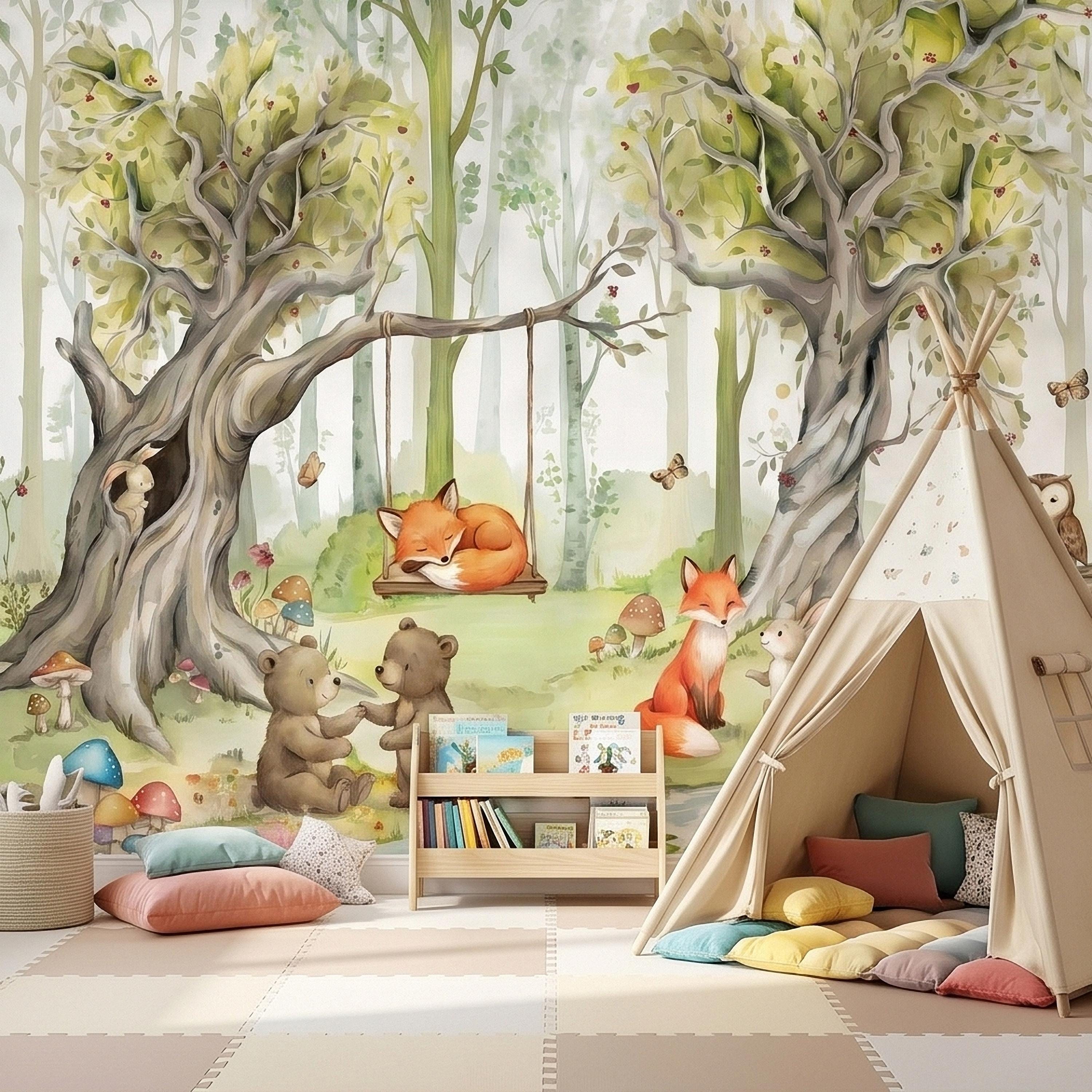 Woodland Animals Peel and Stick Wall Mural, Watercolor Cute Fox Bear Rabbit Owl, Whimsical Storybook Meadow Mushrooms Kids Nursery Wallpaper