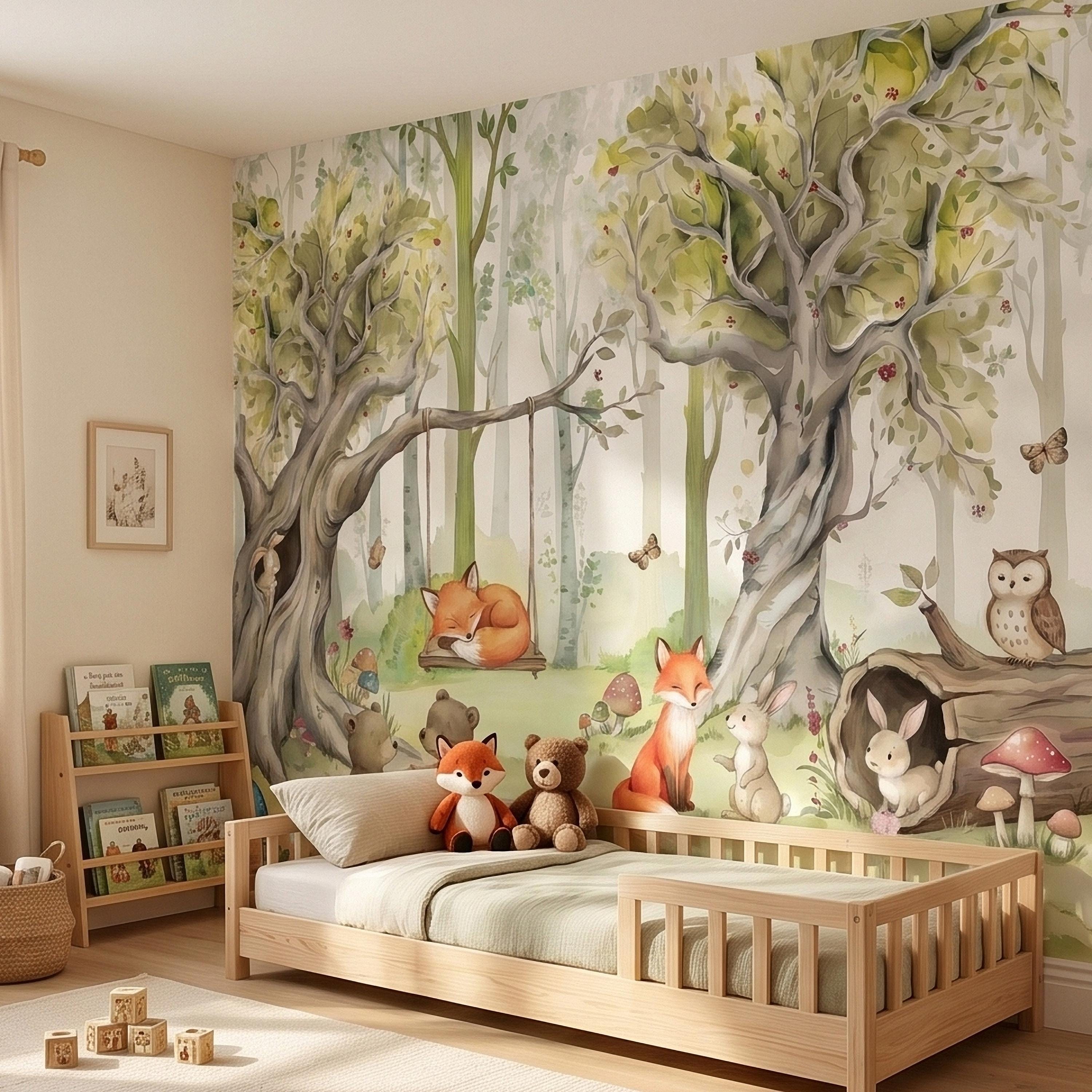 Woodland Animals Peel and Stick Wall Mural, Watercolor Cute Fox Bear Rabbit Owl, Whimsical Storybook Meadow Mushrooms Kids Nursery Wallpaper