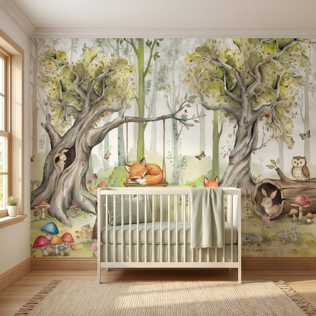 Woodland Animals Peel and Stick Wall Mural, Watercolor Cute Fox Bear Rabbit Owl, Whimsical Storybook Meadow Mushrooms Kids Nursery Wallpaper