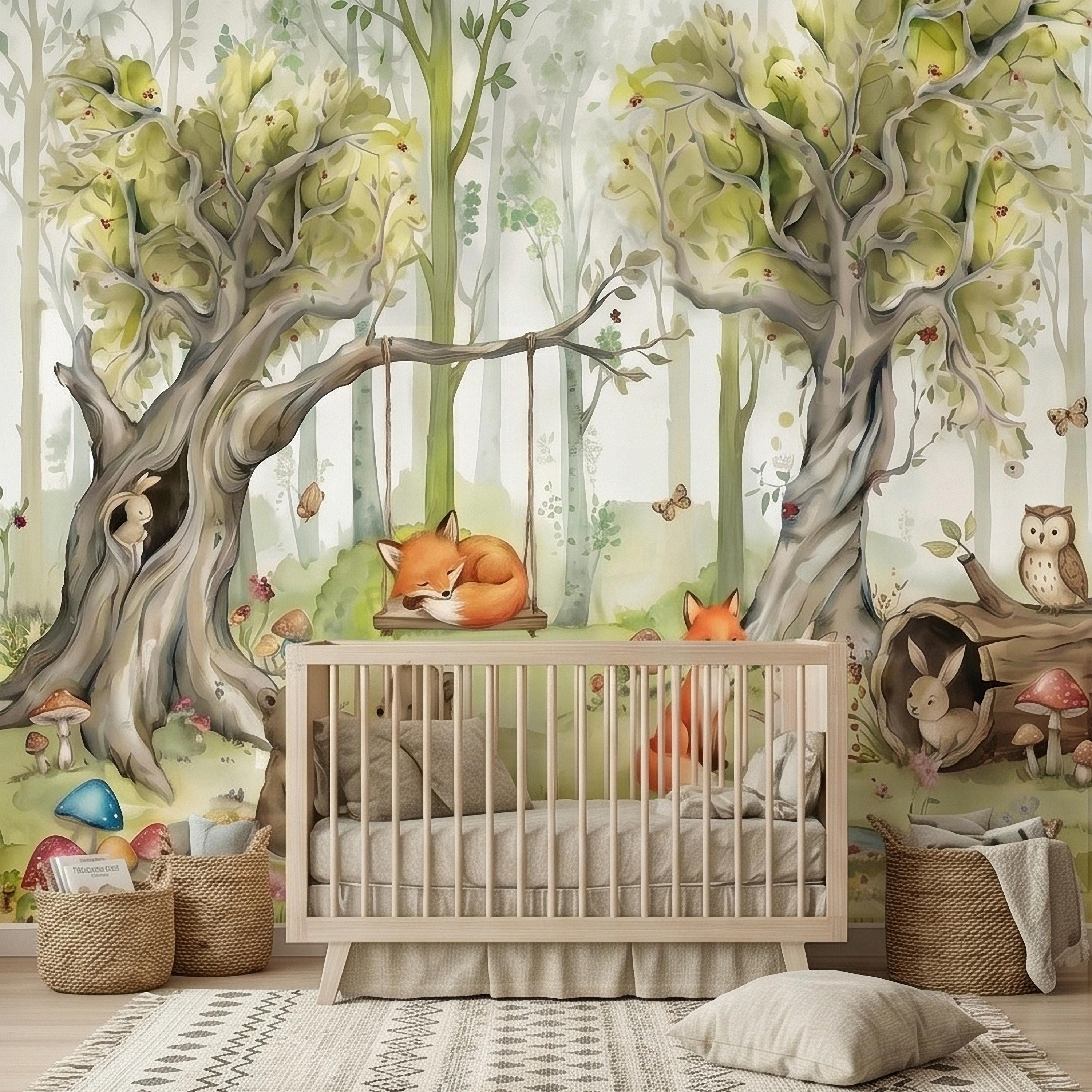 Woodland Animals Peel and Stick Wall Mural, Watercolor Cute Fox Bear Rabbit Owl, Whimsical Storybook Meadow Mushrooms Kids Nursery Wallpaper