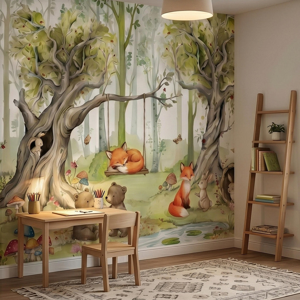 Woodland Animals Peel and Stick Wall Mural, Watercolor Cute Fox Bear Rabbit Owl, Whimsical Storybook Meadow Mushrooms Kids Nursery Wallpaper