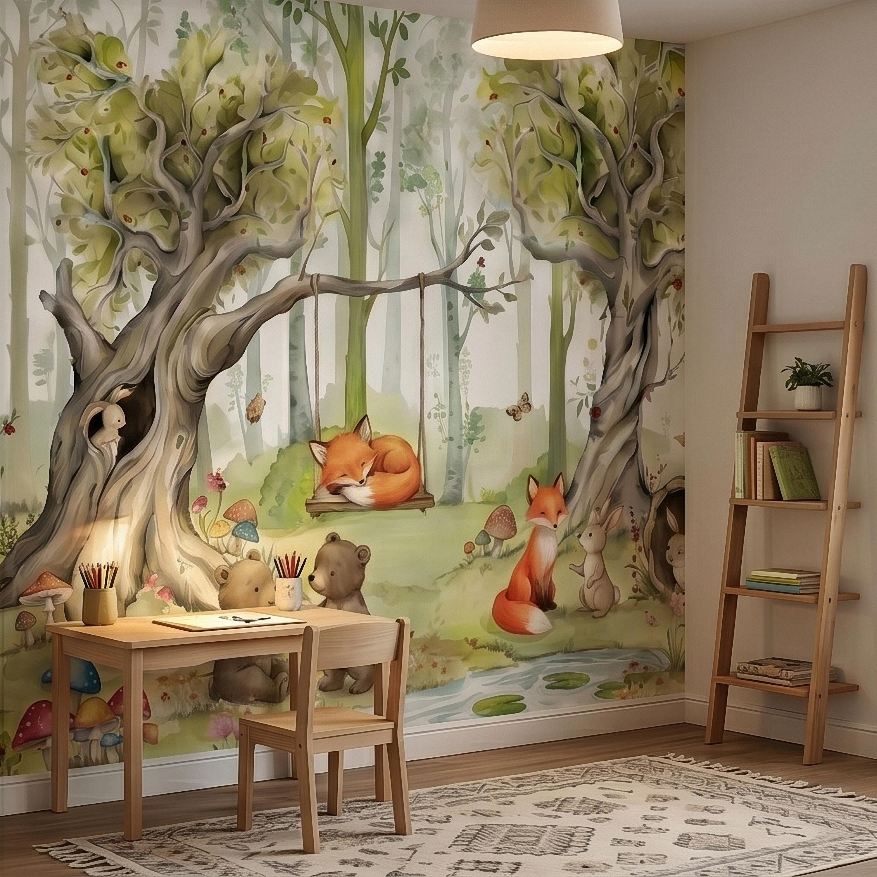 Woodland Animals Peel and Stick Wall Mural, Watercolor Cute Fox Bear Rabbit Owl, Whimsical Storybook Meadow Mushrooms Kids Nursery Wallpaper