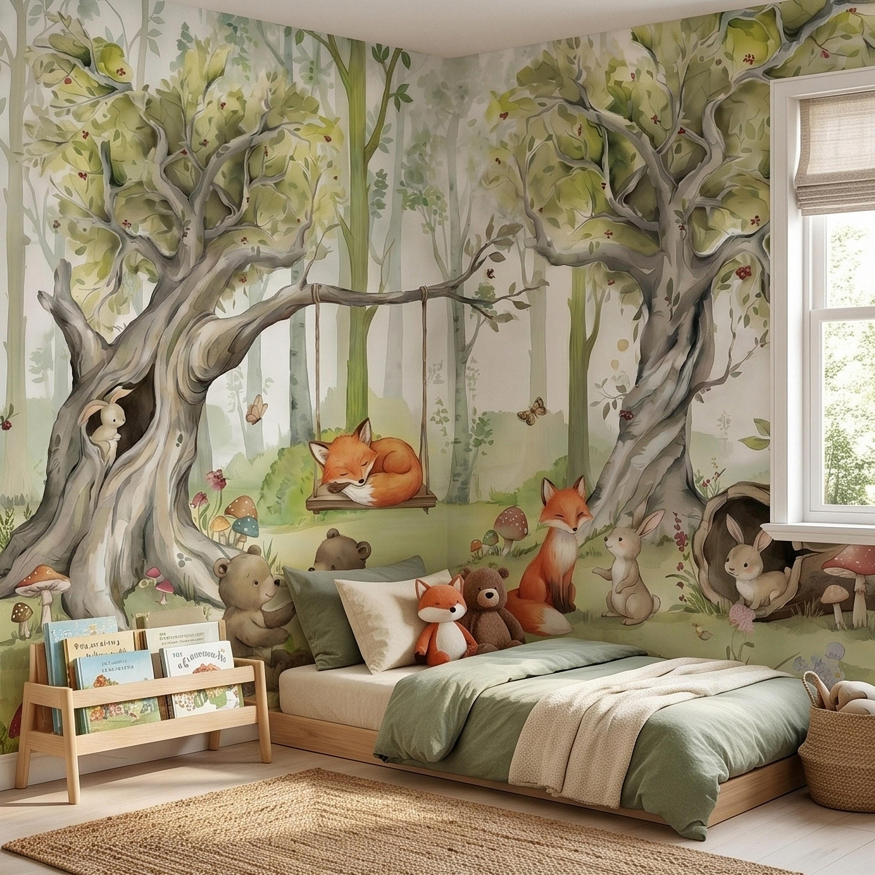 Woodland Animals Peel and Stick Wall Mural, Watercolor Cute Fox Bear Rabbit Owl, Whimsical Storybook Meadow Mushrooms Kids Nursery Wallpaper