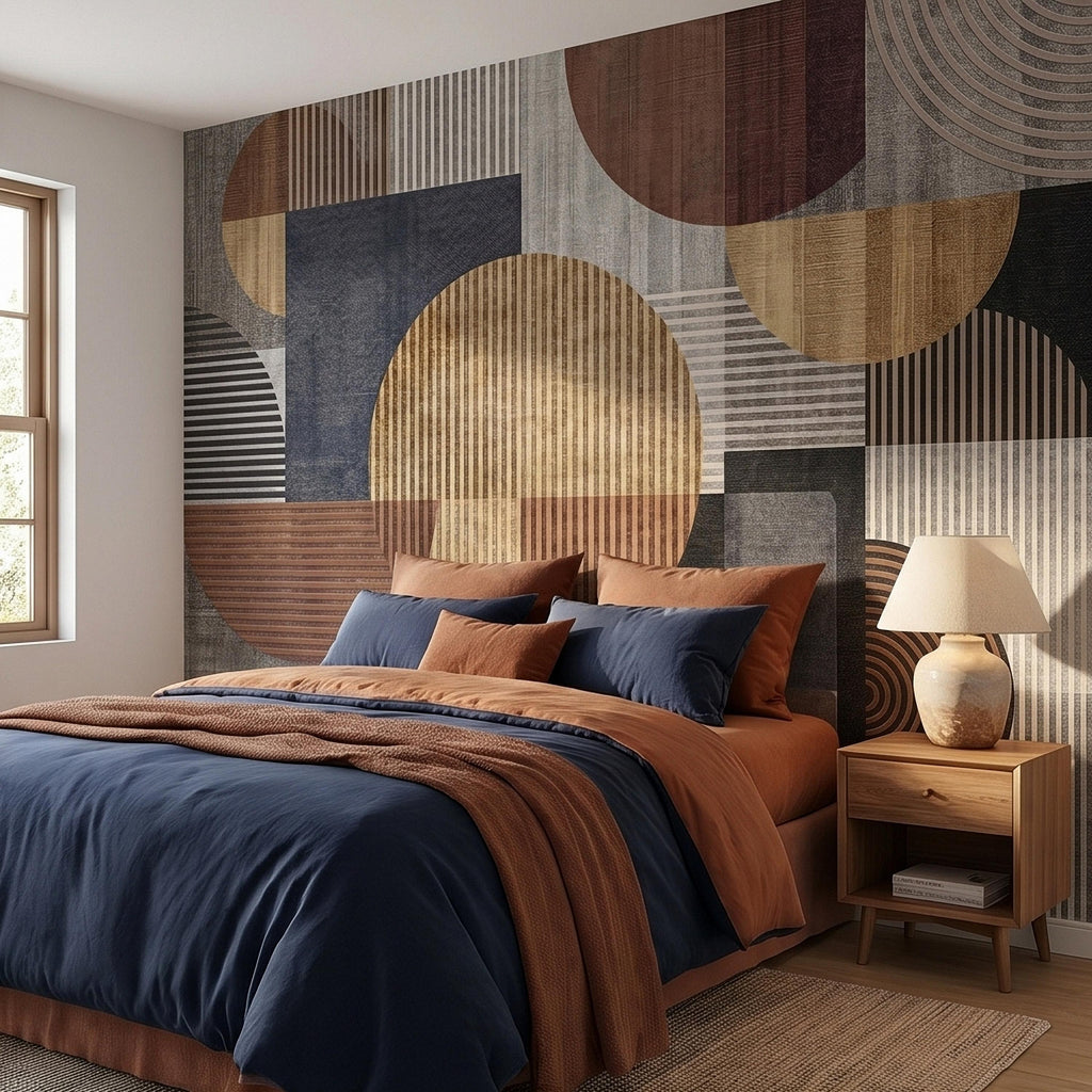 Neutral Geometric Circles Peel and Stick Wall Mural Mid Century Modern Abstract Stripes and Shapes Textured Retro Pattern Minimal Wallpaper