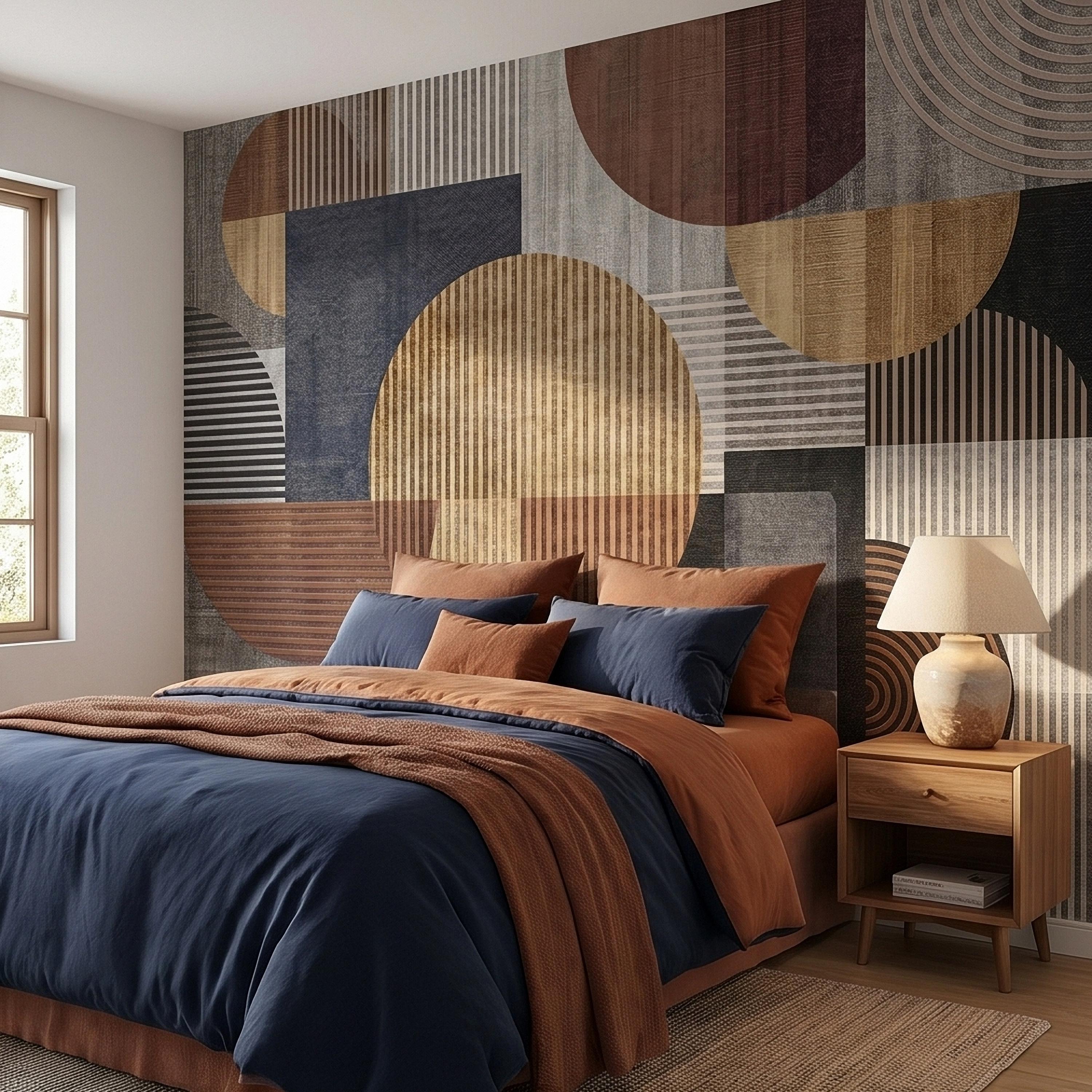 Neutral Geometric Circles Peel and Stick Wall Mural Mid Century Modern Abstract Stripes and Shapes Textured Retro Pattern Minimal Wallpaper